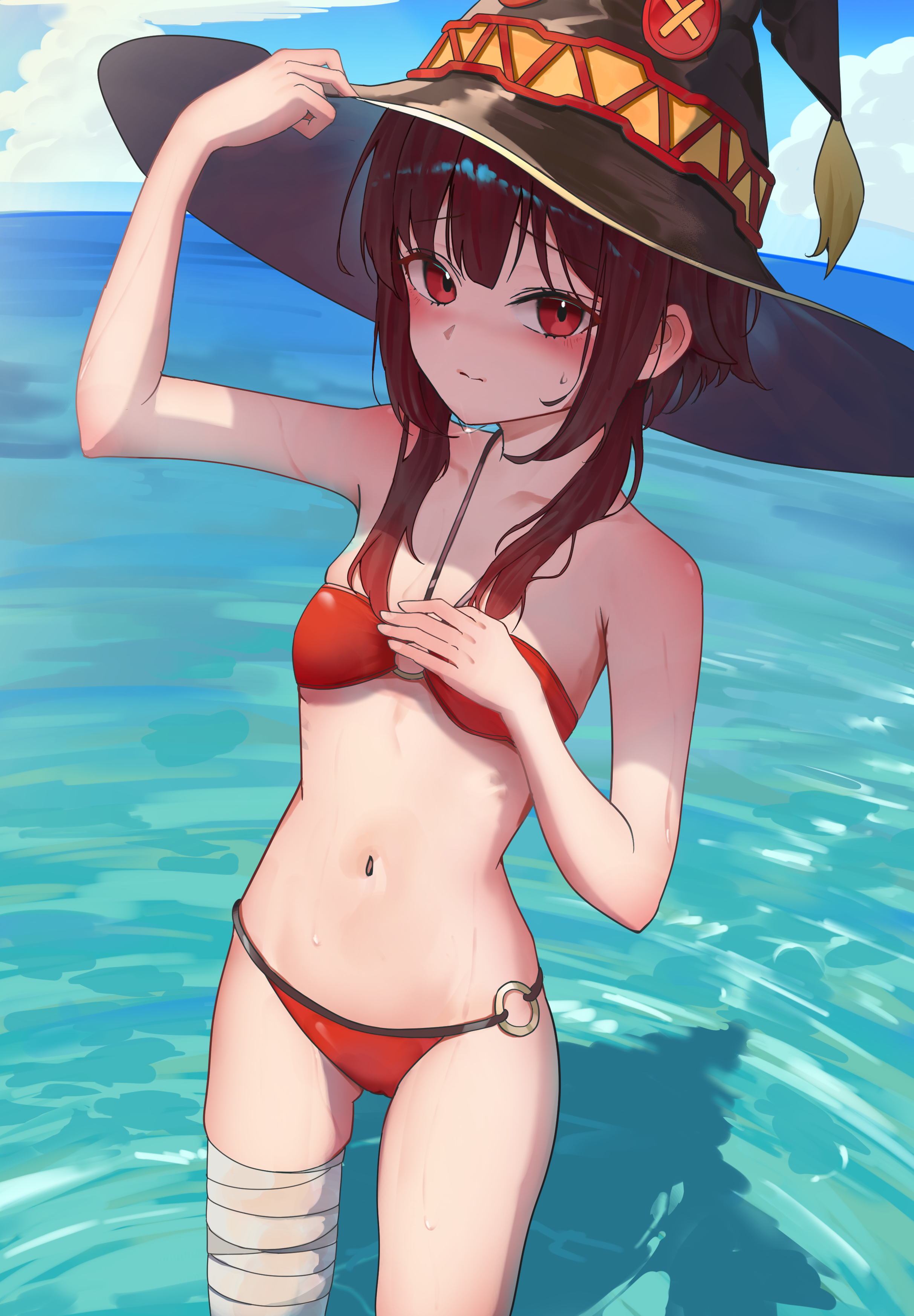1girls, absurdres, adjusting clothes, adjusting headwear, arm up, bandaged leg, bandages, bare shoulders, bikini, black hat, blue sky, blush, breasts, closed mouth, cloud, cumulonimbus cloud, embarrassed, female, female only, from above, from side, gluteal fold, hair between eyes, hair over shoulder, halterneck, hand on own hat, hands on own chest, hat, highres, horizon, kono subarashii sekai ni shukufuku wo!, looking at viewer, looking to the side, megumin, midriff, narrow waist, navel, nose blush, o-ring, o-ring bikini, o-ring bikini bottom, o-ring top, ocean, outdoors, partially submerged, raised eyebrows, red bikini, ripples, shadow, shiraiyu, short hair, short hair with long locks, shoulder blush, sidelocks, skindentation, sky, small breasts, solo, standing, swimsuit, thigh gap, wading, water, wet, witch hat