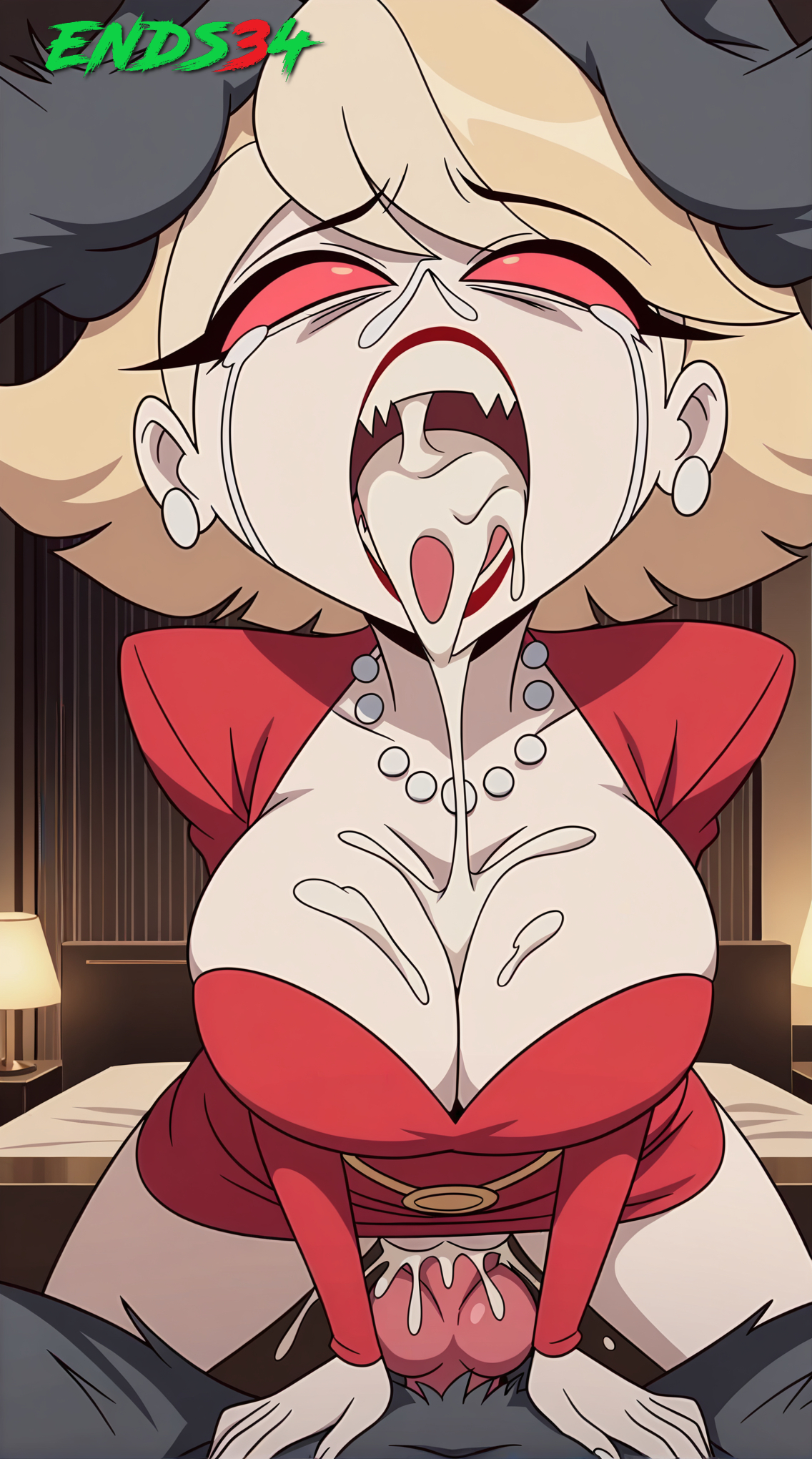 2025, after sex, ai generated, big breasts, blonde hair, breasts, cowgirl position, crying, dress, ends34, female, female focus, hazbin hotel, katie killjoy, male, open mouth, penis, pussy, vaginal penetration