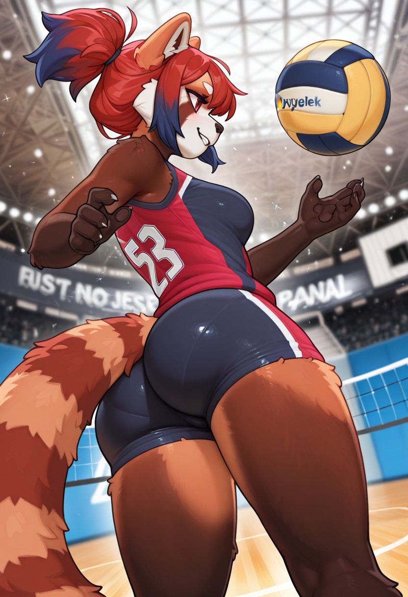ai generated, anthro, ass focus, female, from below, furry, miragetheone, red panda, spandex shorts, sweat, volleyball, volleyball uniform