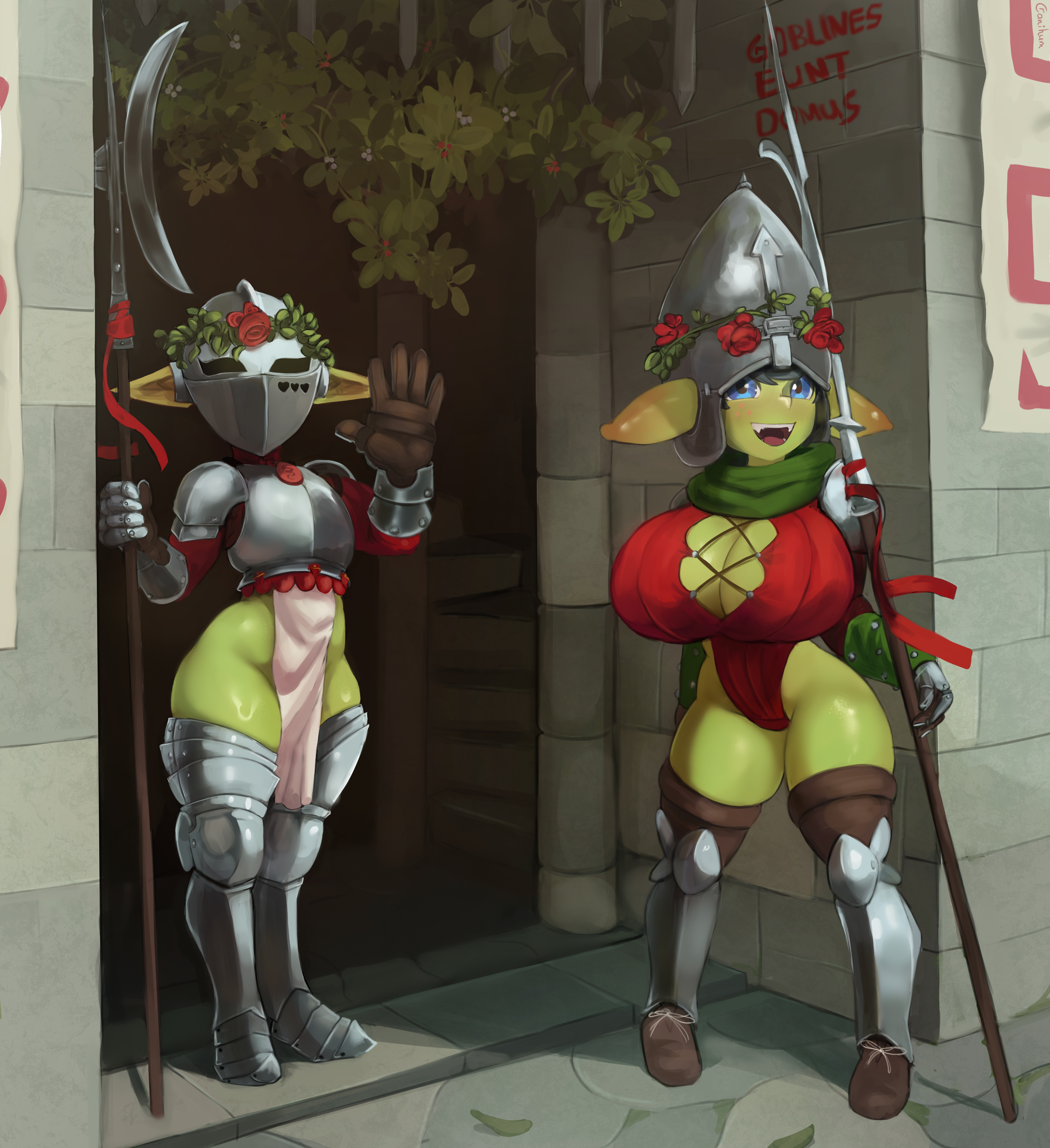 2girls, absurd res, armor, big breasts, big ears, blue eyes, breasts, cleavage, clothed, clothing, cranihum, duo, female, female only, gesture, goblin, goblin female, green body, green skin, halberd, helmet, huge breasts, humanoid, humanoid pointy ears, large breasts, looking at viewer, not furry, open mouth, open smile, outside, pointy ears, smile, smiling, smiling at viewer, standing, tani (cranihum), thick thighs, waving, wide hips