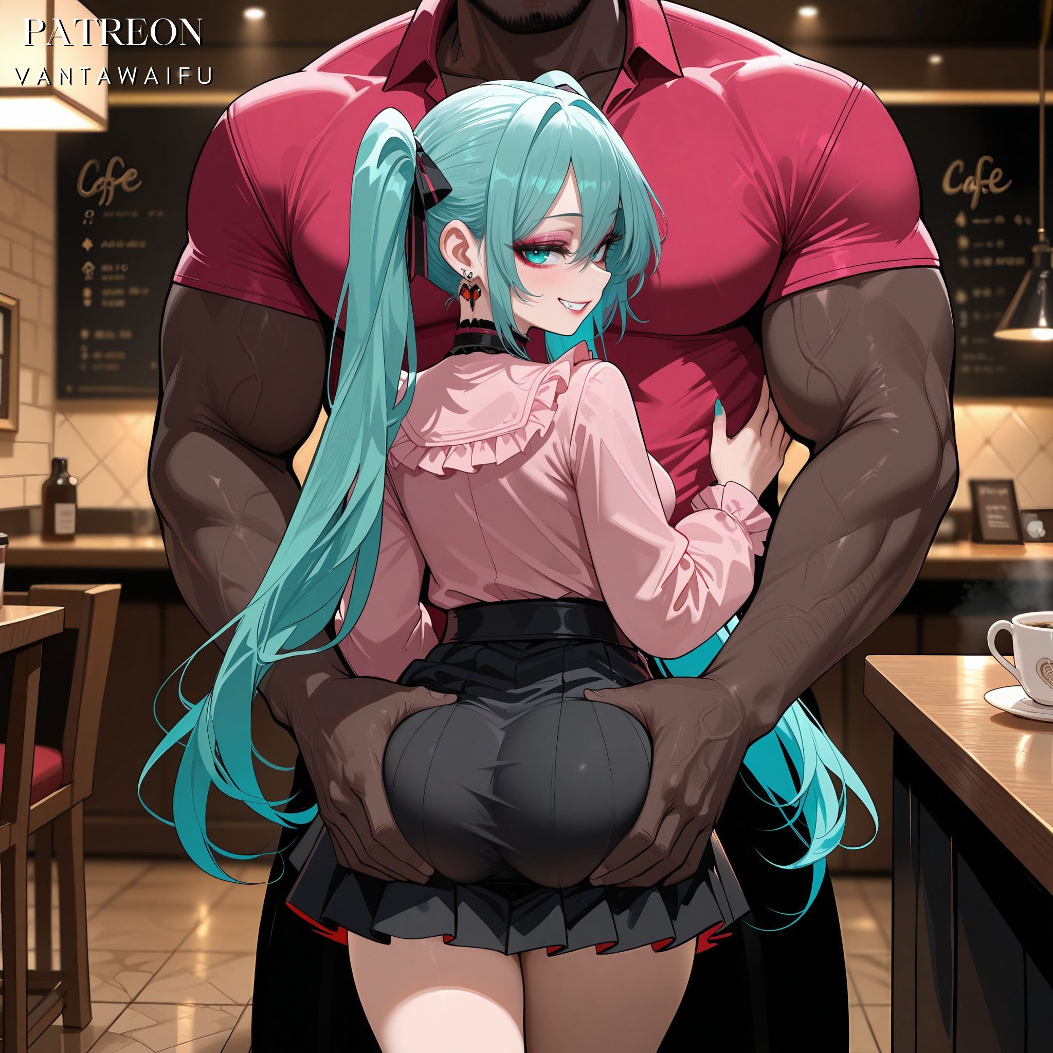 1boy, 1girl, ai generated, aqua eyes, aqua hair, aqua nails, ass, ass focus, ass grab, back, bangs, biceps, black choker, black clothes, black ribbon, black skirt, blush, breasts, cafe, chair, choker, clothing, collared shirt, counter, cup, dark skin, dark-skinned male, earrings, eyeshadow, facial hair, female, frills, from behind, grabbing, grabbing another's ass, grin, groping, hair ribbon, hatsune miku, heart earrings, height difference, hetero, huge ass, indoors, interracial, jewelry, jirai kei, long hair, long sleeves, looking at viewer, looking back, makeup, male, manly, menu board, muscular, muscular male, nail polish, netorare, ntr, pink shirt, pleated skirt, red shirt, ribbon, shirt, shirt tucked in, size difference, skirt, smile, straight, table, teeth, thighs, tiles, twintails, vampire (vocaloid), vantawaifu, veins, veiny arms, very dark skin, very long hair, vocaloid