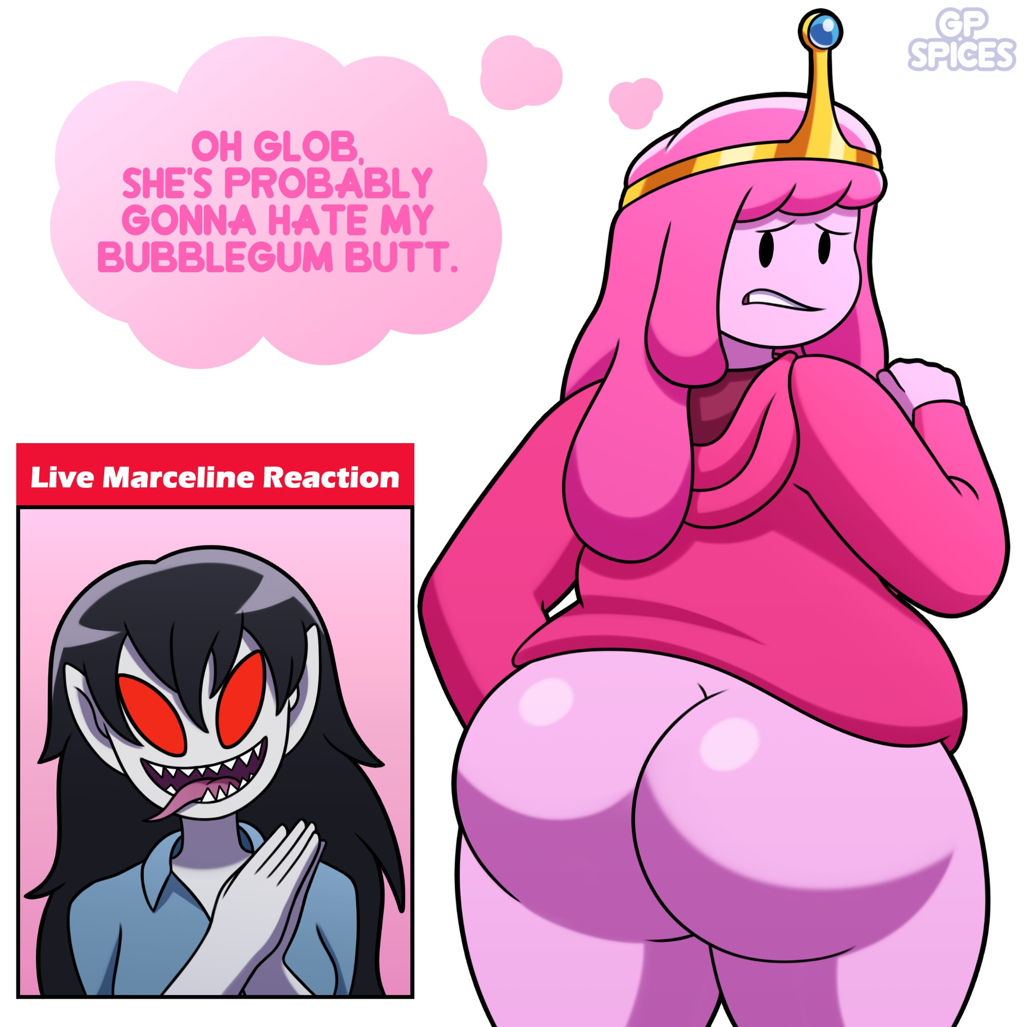 2girls, adventure time, ass, bottomless, bubble butt, chubby, female, gp spices, marceline, princess bubblegum, tagme, yuri