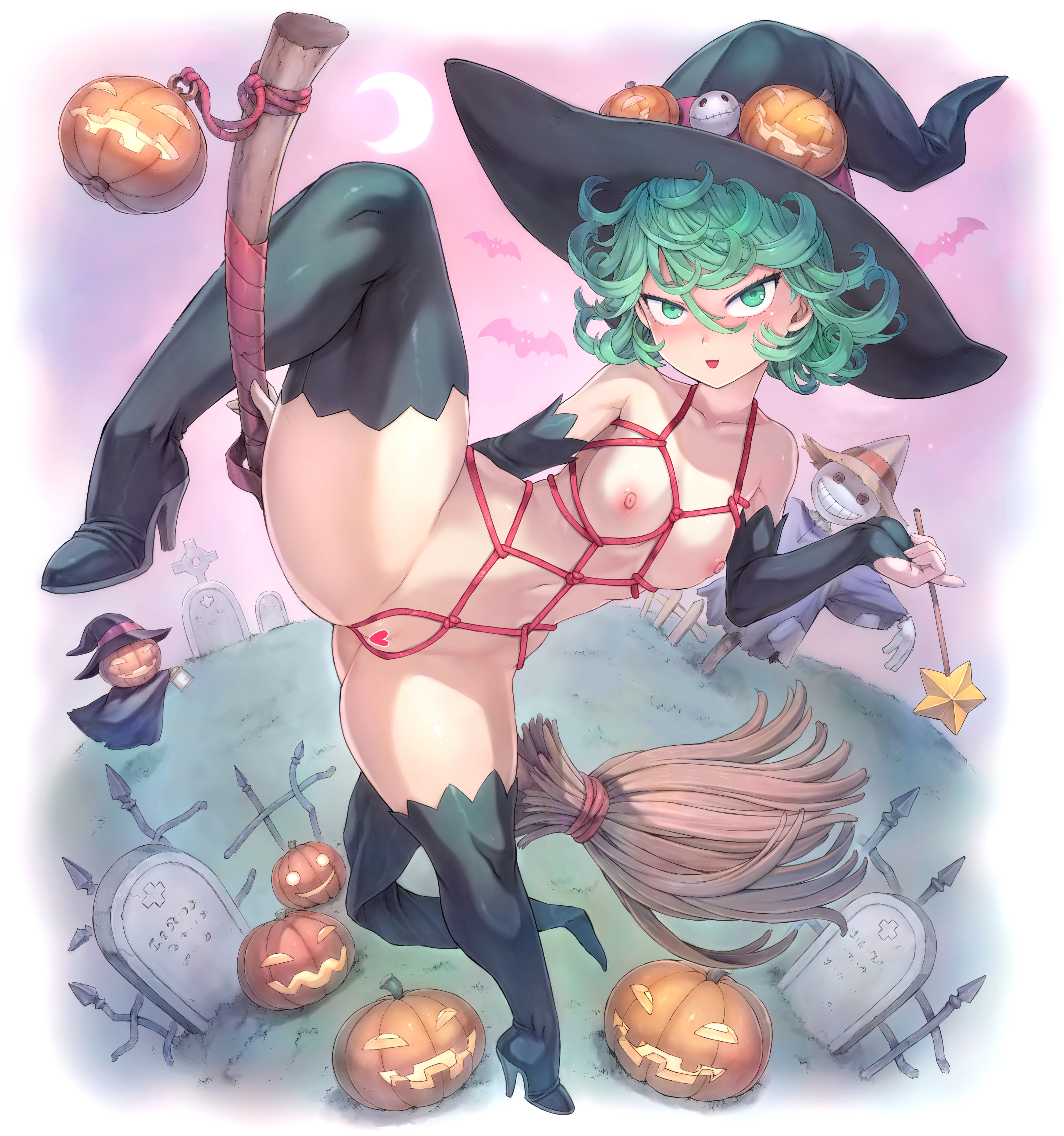1girls, breasts, female, female focus, female only, halloween, light skin, light-skinned female, medium breasts, mogudan, naked footwear, one-punch man, short hair, slim waist, solo, solo female, solo focus, tatsumaki, thick thighs, thighs, wide hips