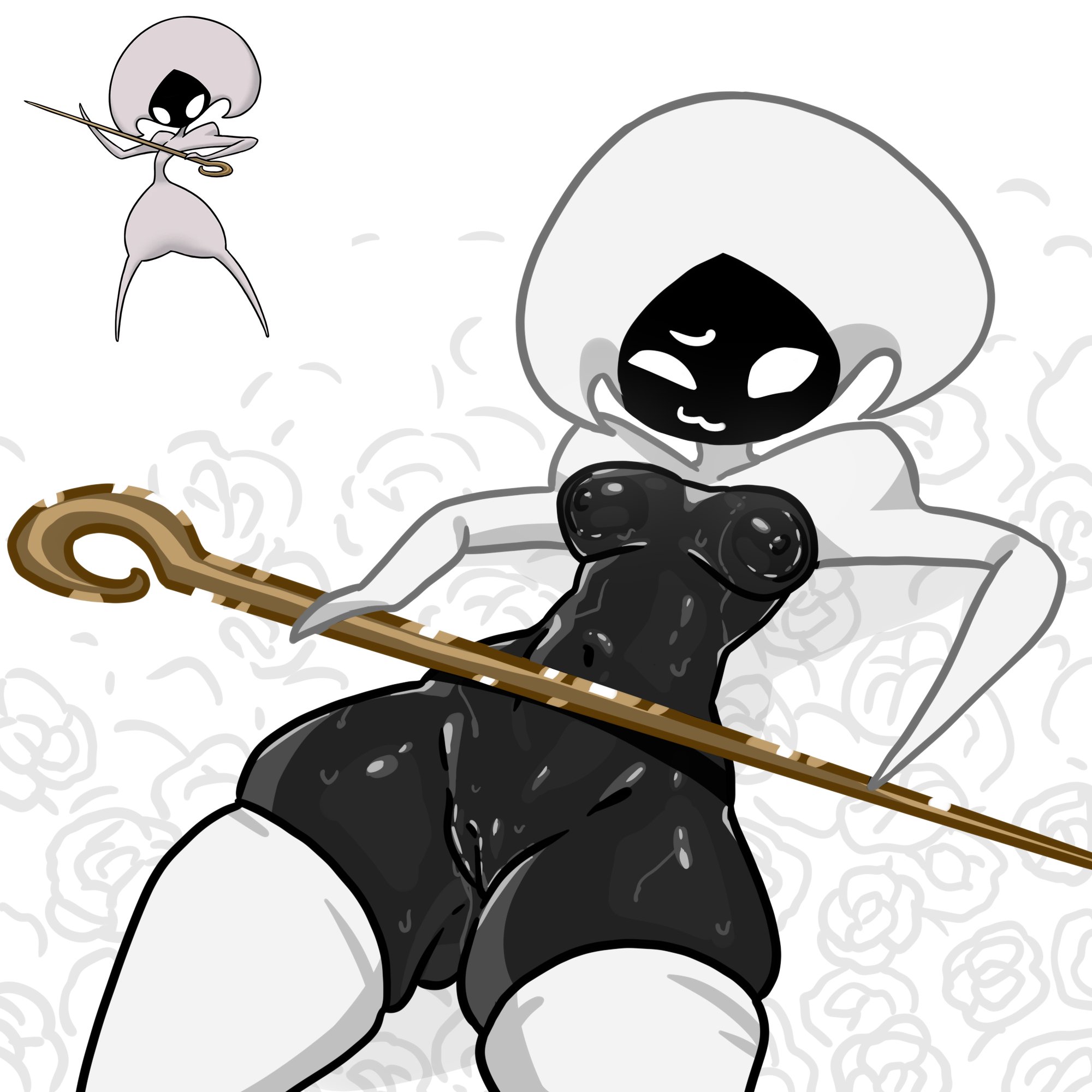 1girls, black body, breasts, female, hollow knight, lace (hollow knight), lefantis, looking at viewer, lying, lying on back, medium breasts, toned, toned belly, toned female, weapon