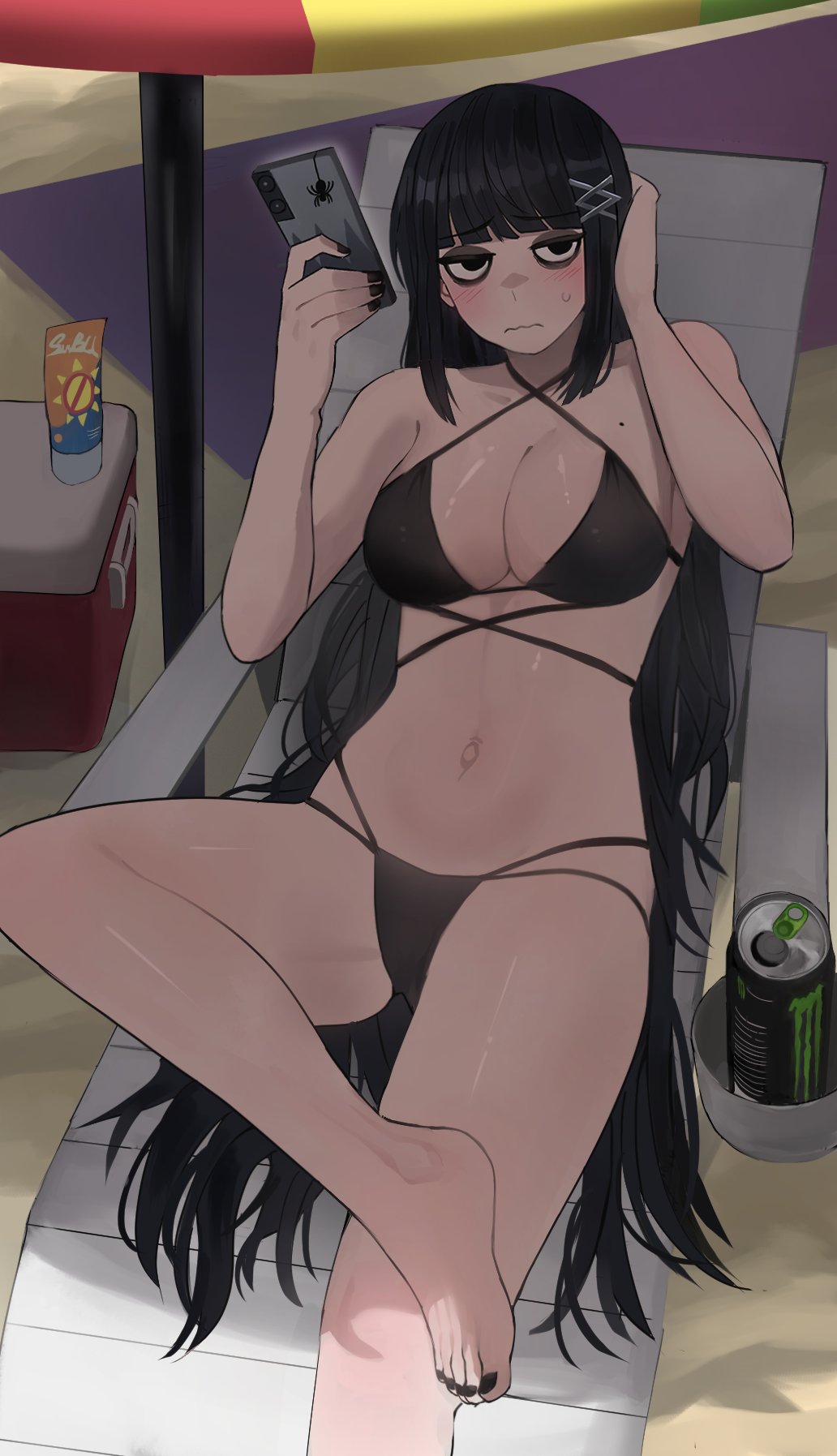 2d, athletic, athletic female, beach, blush, busty, female, female focus, female only, gelvira (jourd4n), hourglass figure, jourd4n, light-skinned female, nervous sweat, outdoors, outside, tagme, wide hips