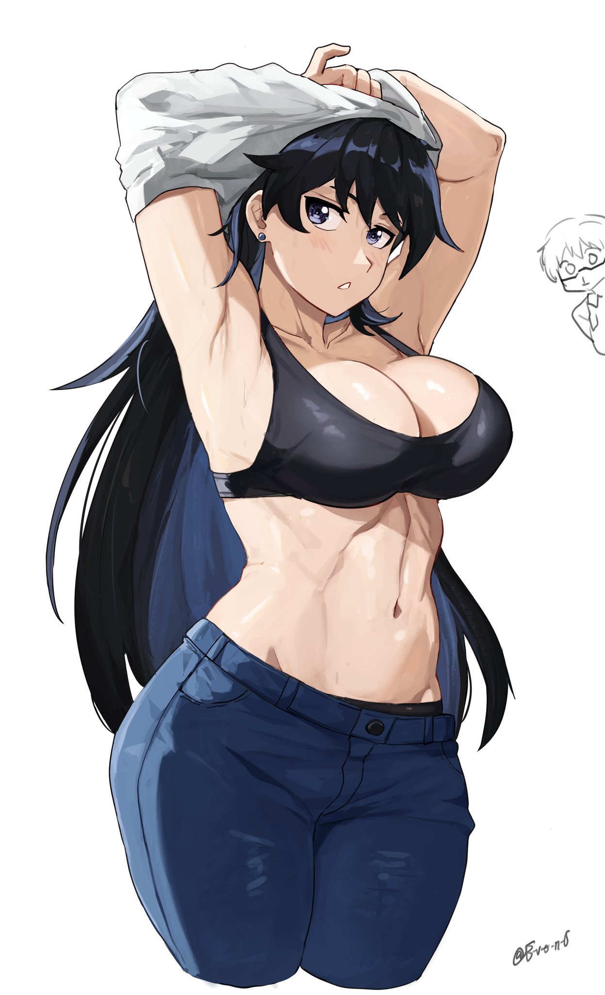 1boy, 1girls, abs, akihitoevon, arato nagi, armpits, arms up, barely contained, barely contained breasts, barely fits, black bra, black hair, black pants, black sports bra, blue eyes, blue pants, bra, breasts, breasts too big, bursting breasts, cleavage, clothing, collarbone, colored inner hair, commentary, cropped legs, denim, earrings, english commentary, female, highres, imari youko, jeans, jewelry, large breasts, long hair, looking at viewer, male, multicolored hair, multiple females, multiple girls, muscular, muscular female, navel, pants, parted lips, ruri no houseki, shirt, simple background, solo focus, sports bra, stomach, stud earrings, thumbs up, tight fit, toned, toned female, too tight, undersized clothes, undersized clothing, underwear, undressing, white background, white shirt
