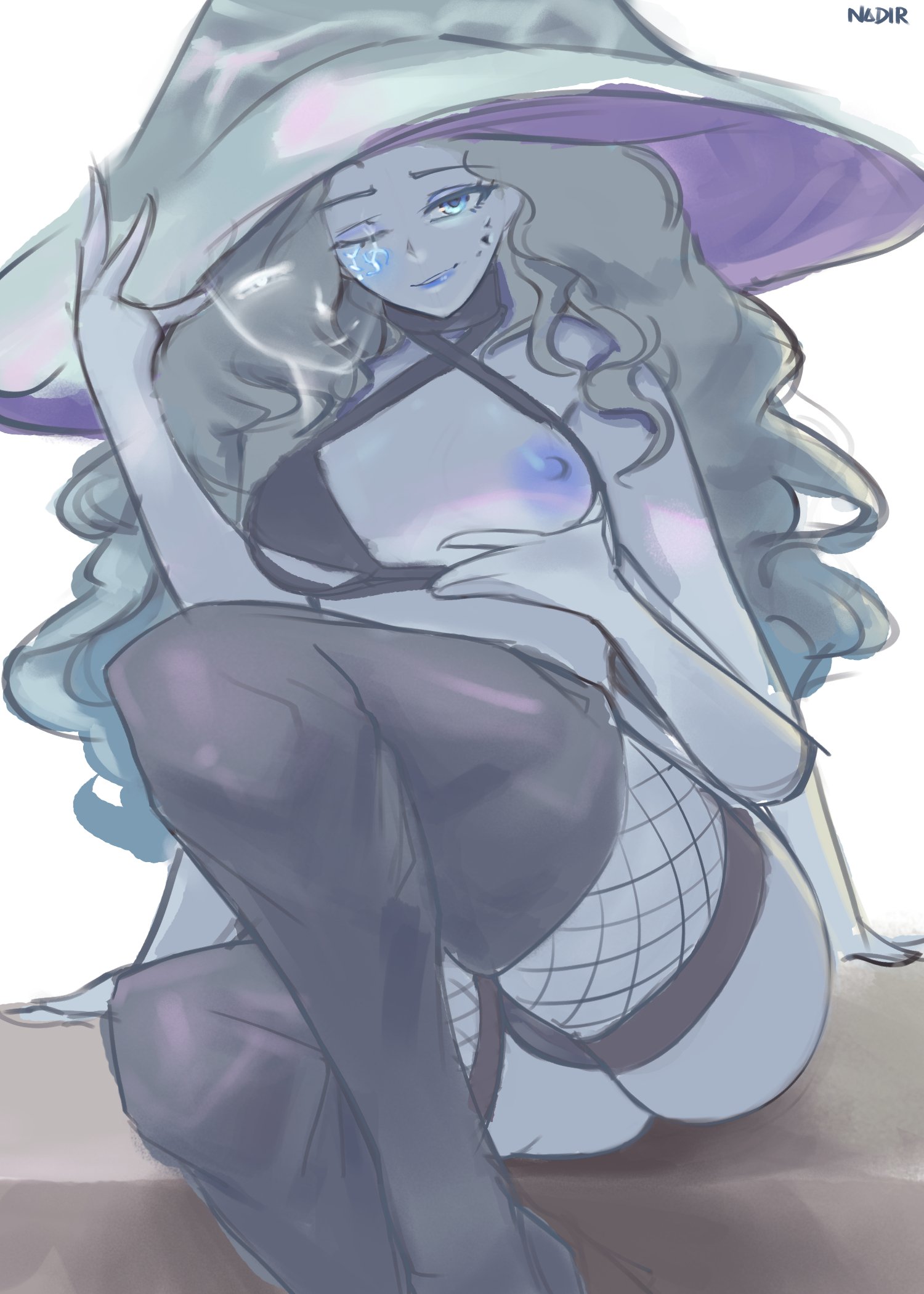 1girls, 4 arms, adult, adult female, areolae, arm support, bandai namco, black legwear, black stockings, black thigh highs, black thighhighs, blue eyes, blue skin, blue skinned female, blue-eyed female, blue-skinned female, boob grab, breast grab, breast hold, breasts, calves, caressing breasts, closed mouth smile, digital, digital art, digital drawing, digital drawing (artwork), digital media, digital media (artwork), elbows, elden ring, eye closed, eyebrows visible through hair, female, female focus, female only, fingers, fondling, fondling breasts, fondling own breast, fondling own breasts, fondling self, fromsoftware, grabbing breast, grabbing breasts, grabbing own breast, grabbing own breasts, grabbing tits, groin, grope, groping, groping breast, groping breasts, groping chest, groping own breast, groping own breasts, groping self, half naked, half nude, hand on breast, hand on chest, hand on own breast, hand on own chest, hands on breasts, hands on chest, hands on own breasts, hands on own chest, high resolution, highres, hourglass figure, knees, lean figure, legs, legwear, lips, long hair, looking at viewer, mature, mature female, medium breasts, midriff, nadir, naked, naked female, naked woman, narrow waist, nipples, nude, nude female, nudity, one eye closed, one eye open, ranni the witch, semi nude, shoulders, simple background, sitting, slender body, slender waist, slim waist, smile, smiley face, smiling, smiling at viewer, smirk, solo, stockings, thick thighs, thigh highs, thighhighs, thighs, uncensored, uncensored breasts, uncensored nipples, wavy hair, white background, wide hips, wink, winking, winking at viewer, winking eye, witch hat