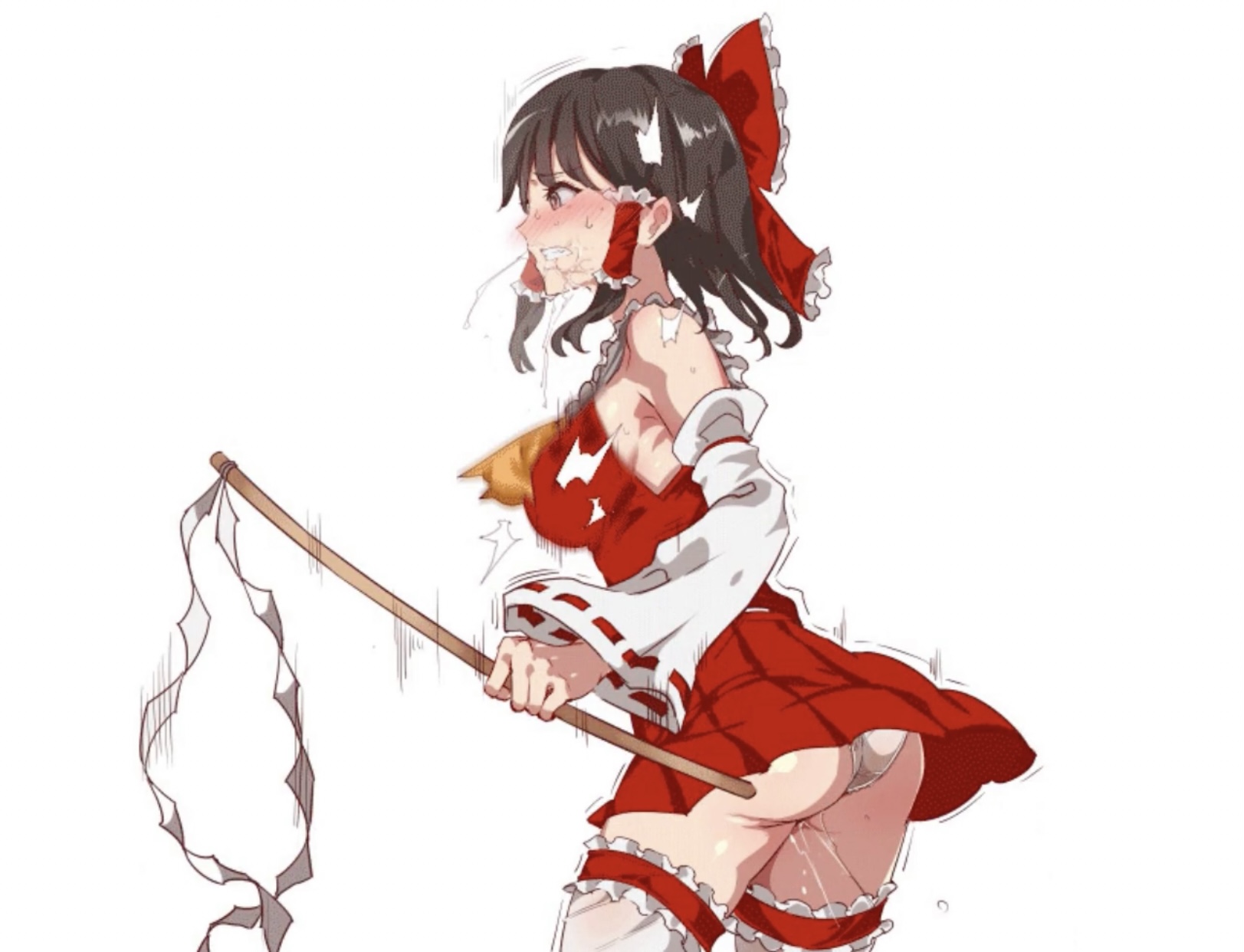 1girls, ass, bare shoulders, blush, bow, breasts, brown eyes, brown hair, clenched teeth, cropped, detached sleeves, female, female ejaculation, female ejaculation through clothes, female orgasm, floating clothes, frilled skirt, frills, from side, hair between eyes, hair tubes, hairbow, hakurei reimu, large breasts, medium hair, miniskirt, nyuu (manekin-eko), orgasm, panties, red bow, red skirt, red vest, ribbon trim, ribbon-trimmed sleeves, saliva, saliva trail, sideboob, simple background, skirt, skirt lift, solo focus, standing, sweat, teeth, thighs, time stop, touhou, vest, white background, white panties, wide sleeves