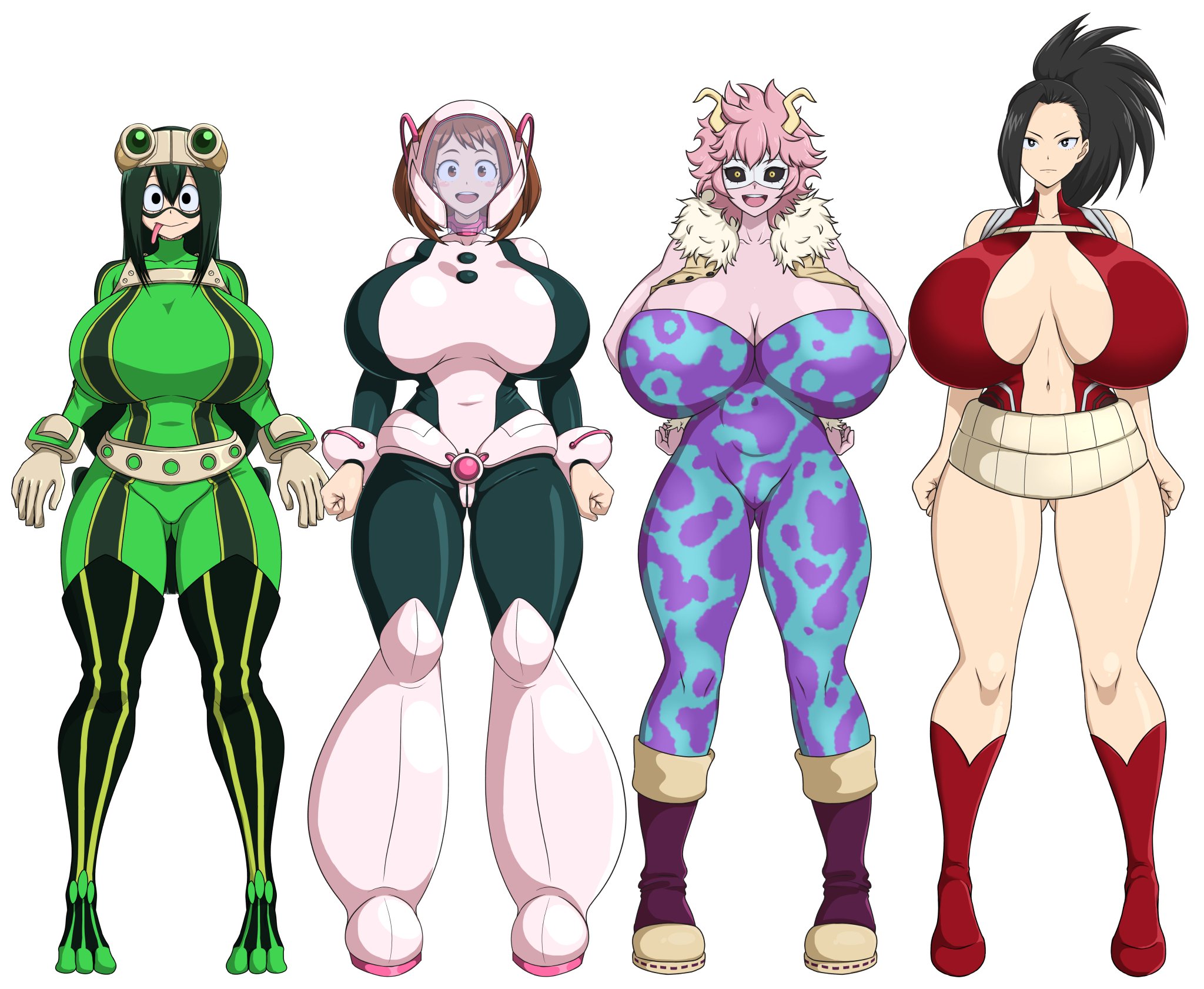 2d, 2d (artwork), 2d artwork, 4girls, alternate body type, alternate breast size, alternate thigh size, bare thighs, big breasts, black hair, black hair female, boku no hero academia, breasts, breasts bigger than head, brown hair, brown hair female, curvy, curvy body, curvy female, curvy figure, digital drawing (artwork), digital media (artwork), female, green hair, green hair female, hero outfit (mha), hourglass figure, hourglass figured female, huge breasts, human, human female, japanese, japanese female, large breasts, leotard, light skin, light-skinned female, long hair, long hair female, looking at viewer, mask, masked, masked female, mina ashido, momo yaoyorozu, momo yaoyorozu (hero outfit), my hero academia, ochako uraraka, pink hair, pink hair female, pink skin, short hair, short hair female, sihkygmojsn, smiling, smiling at viewer, superhero costume, superheroine, teenager, tongue, tongue out, top heavy, tsuyu asui, white background