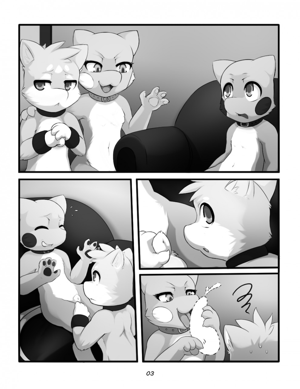 2015 anthro collar comic darkmirage dragonchu fan_character female fur greyscale male mew monochrome nintendo open_mouth page_3 penis pokemon pokemon_(species) sis_(fyoshi) tongue video_games