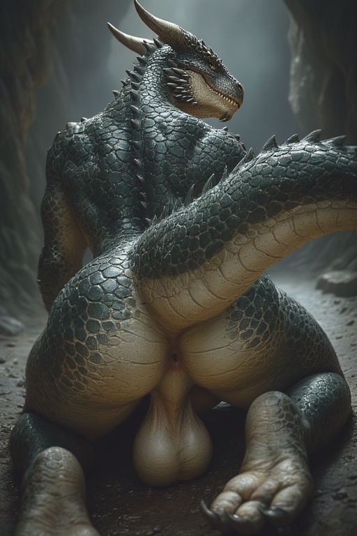 3 toes, ai generated, anthro, anus, backsack, balls, ballsack, black scales, cave, claws, dragon, furry, furrypornaddiction, looking back, male, male only, on all fours, perineum, presenting, presenting hindquarters, scales, scalie, solo, solo male