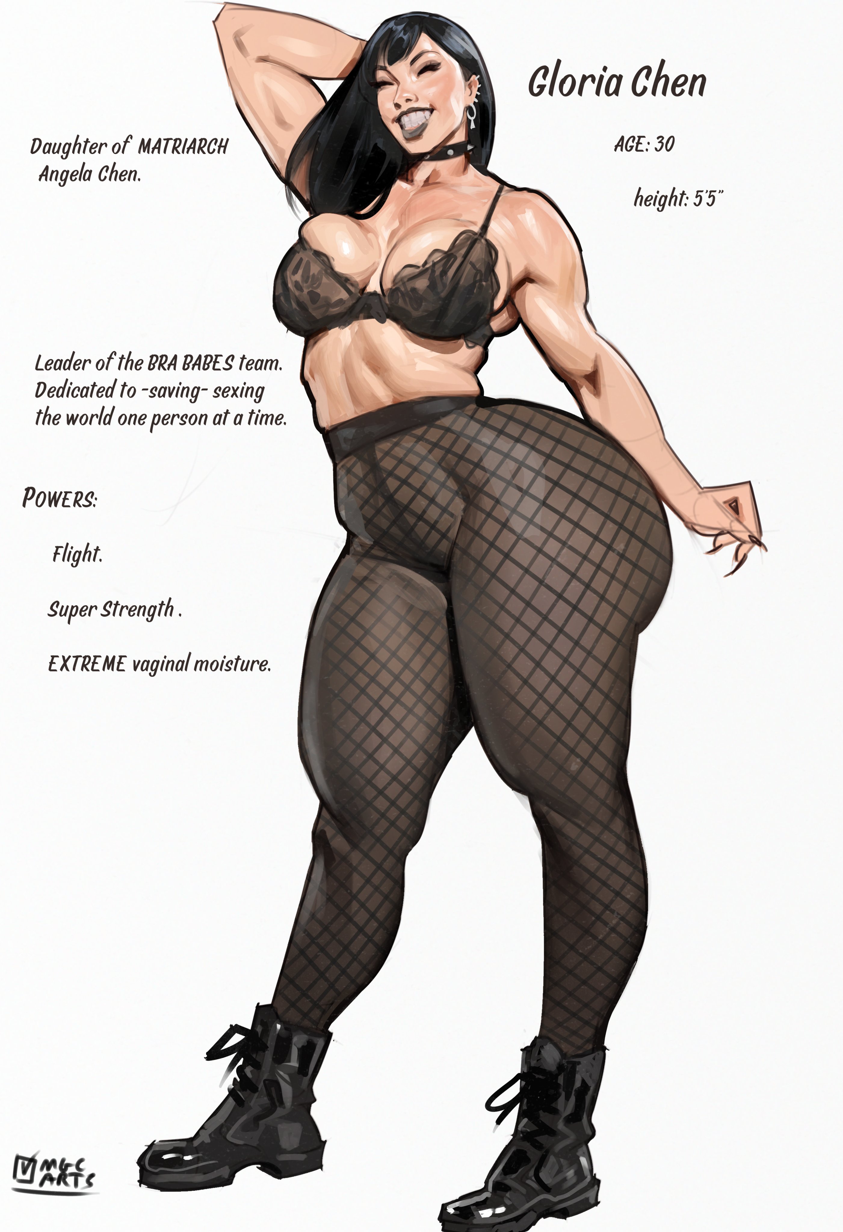 1girls, ass, ass bigger than head, big ass, big breasts, big thighs, black bra, black hair, black lipstick, boots, breast squish, breasts, character sheet, curvaceous, curvy, curvy figure, digital media (artwork), fat ass, female, fishnet stockings, gloria chen, goth, hips, hourglass figure, huge ass, huge breasts, huge thighs, large ass, large breasts, large thighs, legs, light skin, light-skinned female, magicmoonsarts, mature, mature female, multiple earrings, original, original character, round ass, slim waist, spiked collar, thick, thick ass, thick hips, thick legs, thick thighs, thighs, voluptuous, waist, white background, wide ass, wide hips, wide thighs