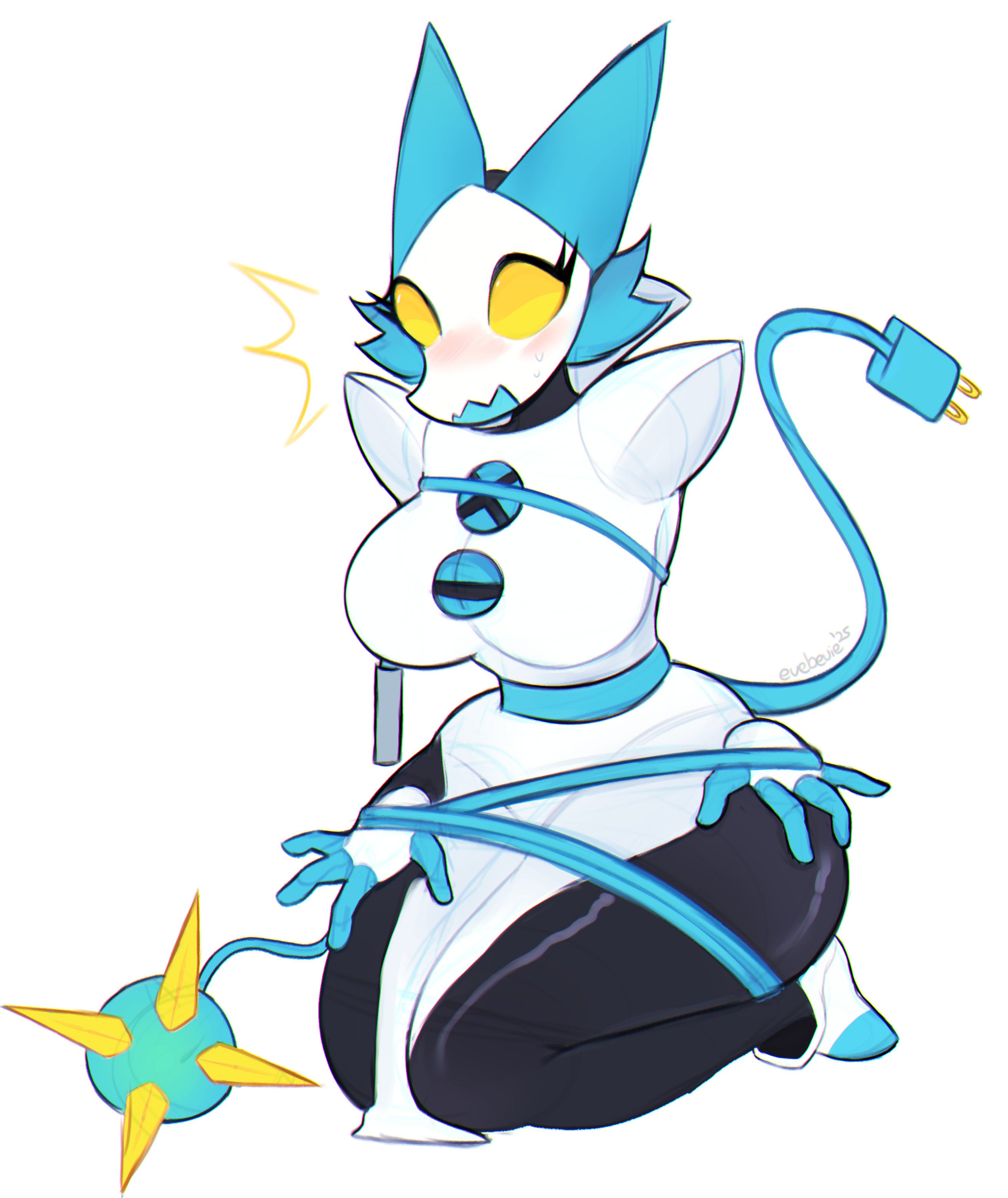 1girls, black body, blush, bondage, breasts, clothed, clothing, deltarune, embarrassed, evebevie, feline, female, female only, on knees, robot, sfw, solo, tasque manager (deltarune), thick thighs, tied up, yellow eyes