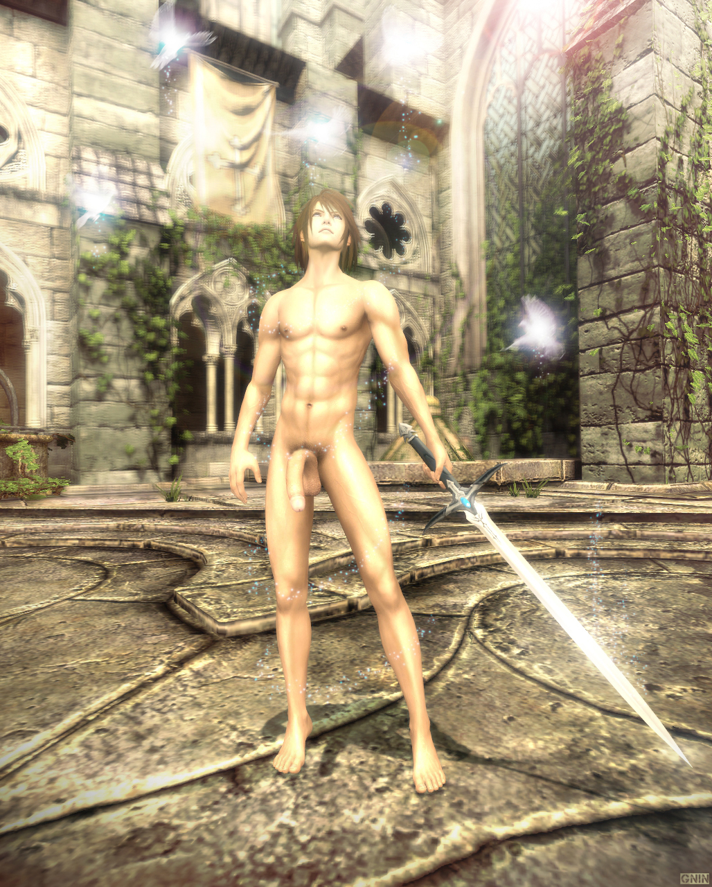 1boy 3d abs barefoot biceps brown_hair feet final_fantasy final_fantasy_xiii final_fantasy_xiii-2 male male_nipples male_only muscles noel_kreiss nude pecs penis pubic_hair solo sword testicles weapon