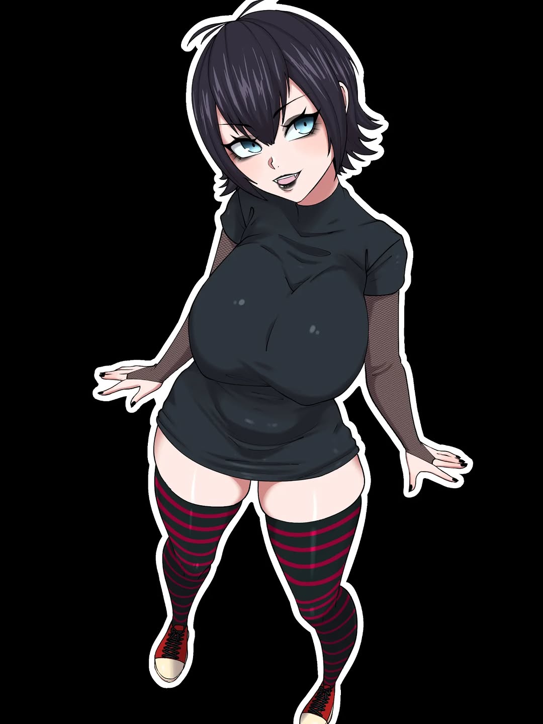 1female, 1girls, 2025, big breasts, black background, black hair, black nails, blue eyes, breasts, clothed, female, goth, goth girl, haikon knight, hotel transylvania, hourglass figure, inktober, light-skinned female, lipstick, mavis dracula, shoes, short hair, sneakers, thick, thighhighs, thighs, vampire girl