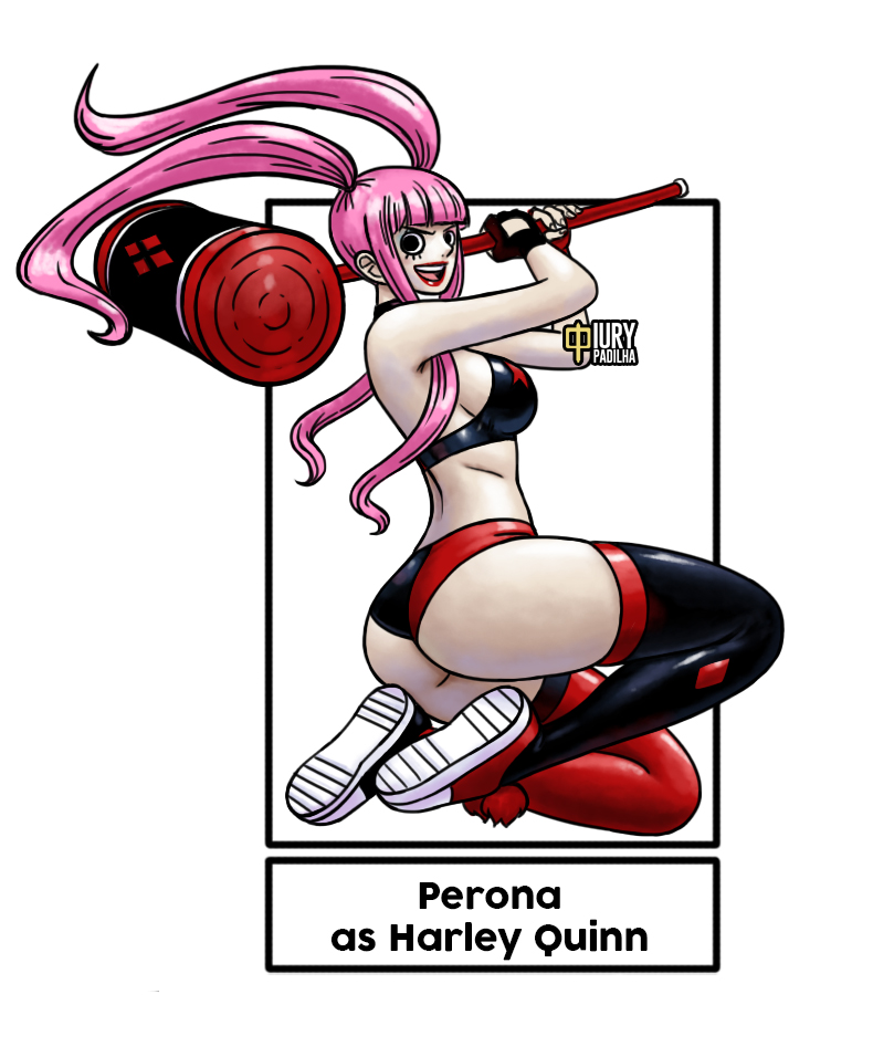 1girls, ass, black eyes, breasts, crossover cosplay, female, female only, hammer, harley quinn (cosplay), iury padilha, light skin, light-skinned female, one piece, open mouth, pale skin, pale-skinned female, perona, pink hair, pink-haired female, smiling, solo, solo female, solo focus, thick thighs, thighs