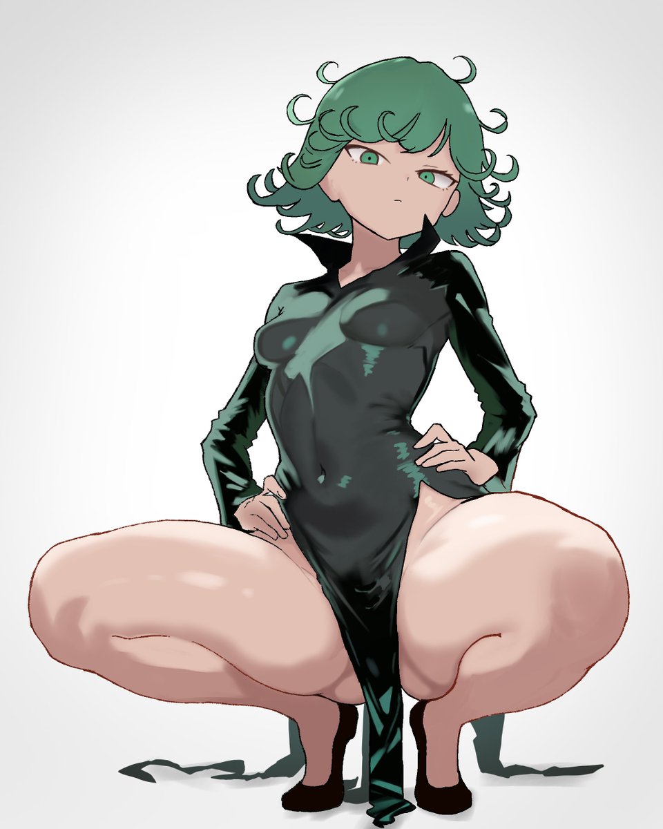 1girls, ass visible through thighs, big hips, female, female only, green hair, large ass, large hips, legs, looking at viewer, one-punch man, peace peace009, short hair, small, solo, spread legs, squatting, tatsumaki, thick thighs