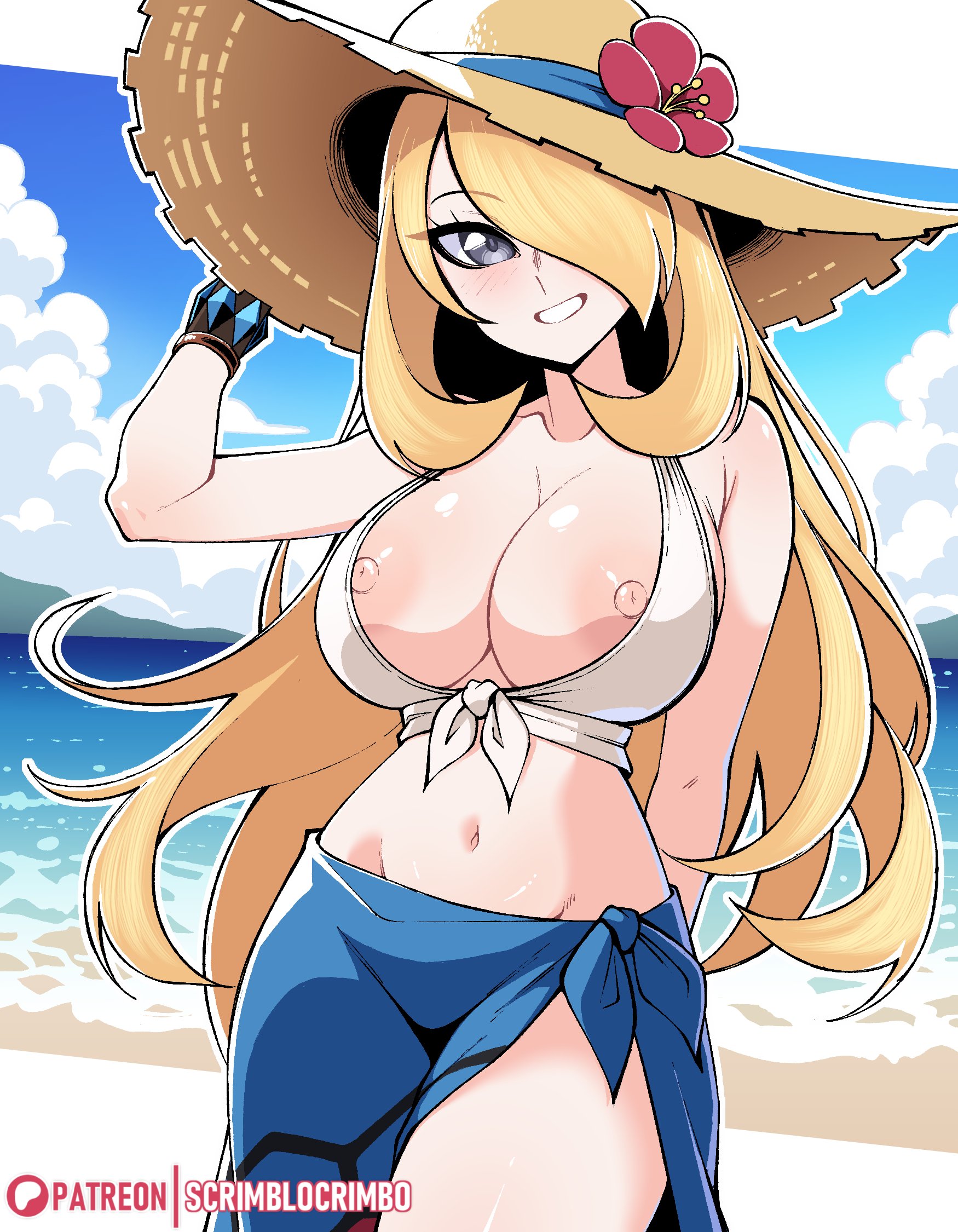 1girls, areolae, armwear, beach, big breasts, black eyes, blonde hair, bottomwear, breasts, breasts out, cynthia (pokemon), cynthia (summer 2025) (pokemon masters), exposed breasts, female, female only, flower, flower in hair, game freak, hair, hair ornament, hair over one eye, hat, headwear, huge breasts, long hair, mature, mature female, mature woman, nipples, pokemon, pokemon dppt, pokemon masters, sarong, scrimblocrimbo, smile, solo, solo female, sun hat, swimwear, topwear