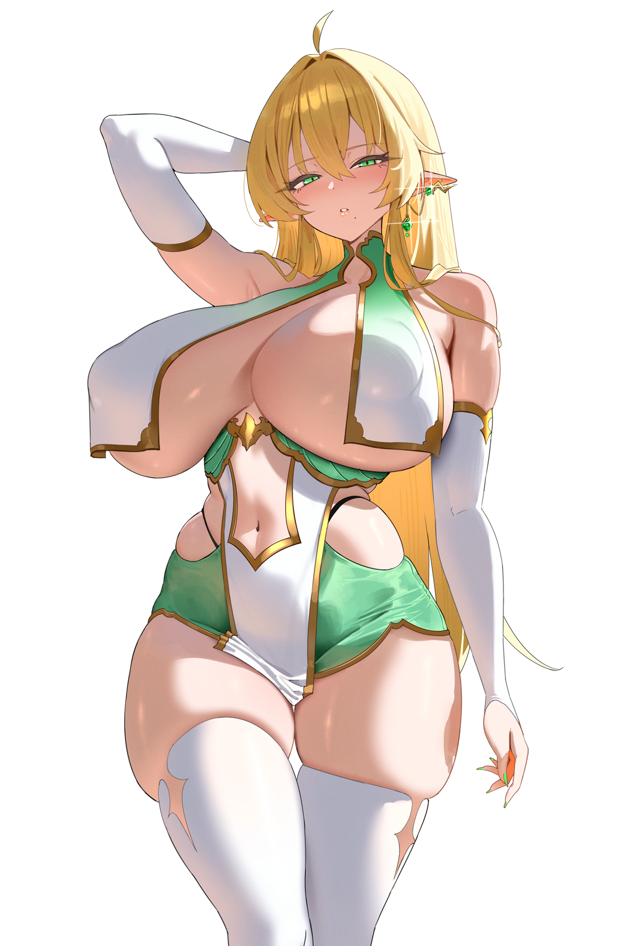 anima (togashi), bare shoulders, blonde hair, blush, breast curtains, breasts, cleavage, detached sleeves, dress, elf, female, female only, green eyes, huge breasts, long hair, looking at viewer, navel, original, pointy ears, solo, thighhighs, thighs