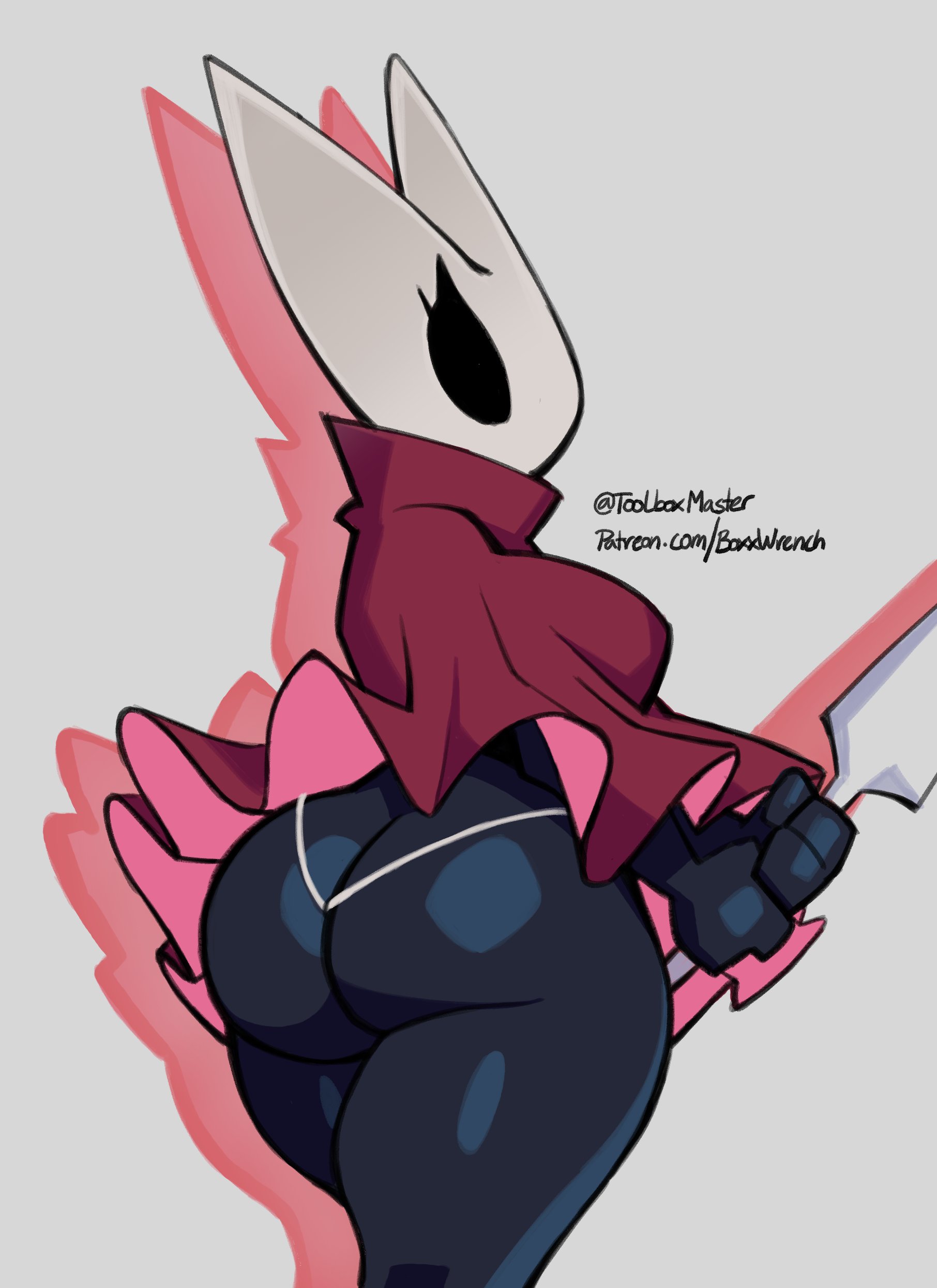 absurd res, anthro, arthropod, ass, big breasts, big butt, black body, black eyes, boxx wrench, breasts, cloak, cloak only, clothing, empty eyes, female, grey background, hi res, holding object, holding weapon, hollow knight, hornet (hollow knight), insects, pink cloak, pink clothing, rear view, simple background, solo, thick thighs, thong, underwear, weapon, white body, white clothing, white thong, white underwear, wide hips