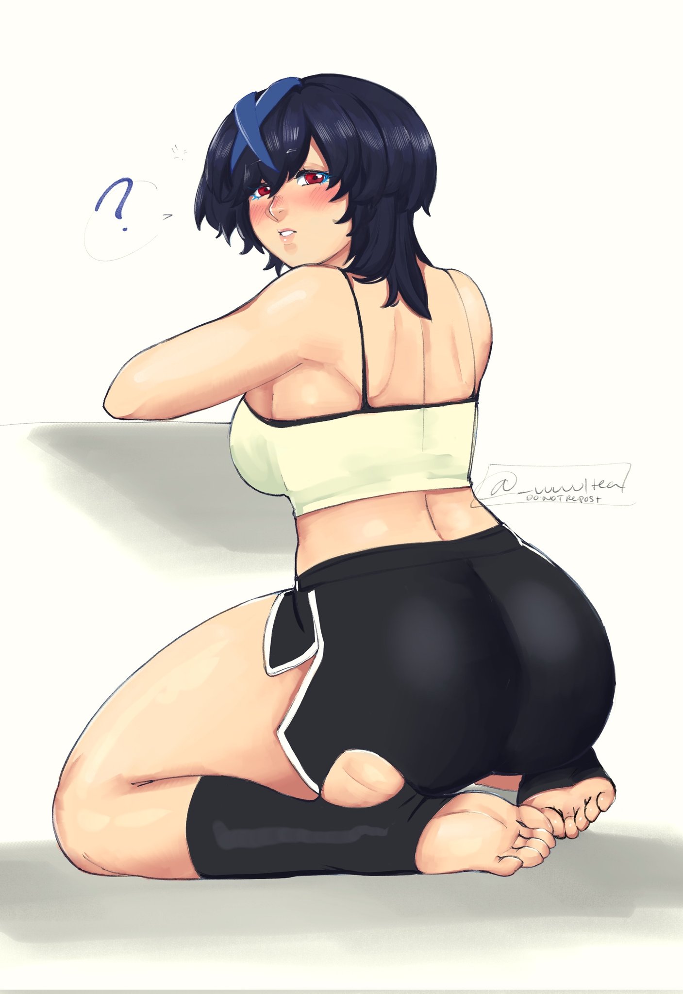 ass, bare legs, barefoot, black hair, blue streaks, borrowed design, breasts, crop top, cup, dolphin shorts, female, from behind, guilty gear, guilty gear strive, looking at viewer, multicolored hair, red eyes, seiza, short hair, short shorts, shorts, sitting, solo, streaked hair, unika (guilty gear), uuuuultea