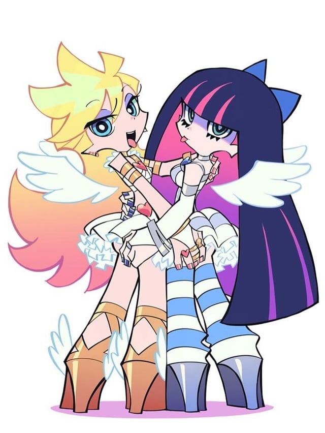 2girls, angel wings, armband, bare shoulders, blonde hair, blue eyes, earrings, elbow gloves, female, hair highlights, hand around waist, hand on another's ass, hand on another's shoulder, high heels, holding another, looking at viewer, looking back, official art, panty & stocking with garterbelt, panty anarchy, purple hair, rear view, rings, short skirt, stocking anarchy, striped stockings, tounge out, white background