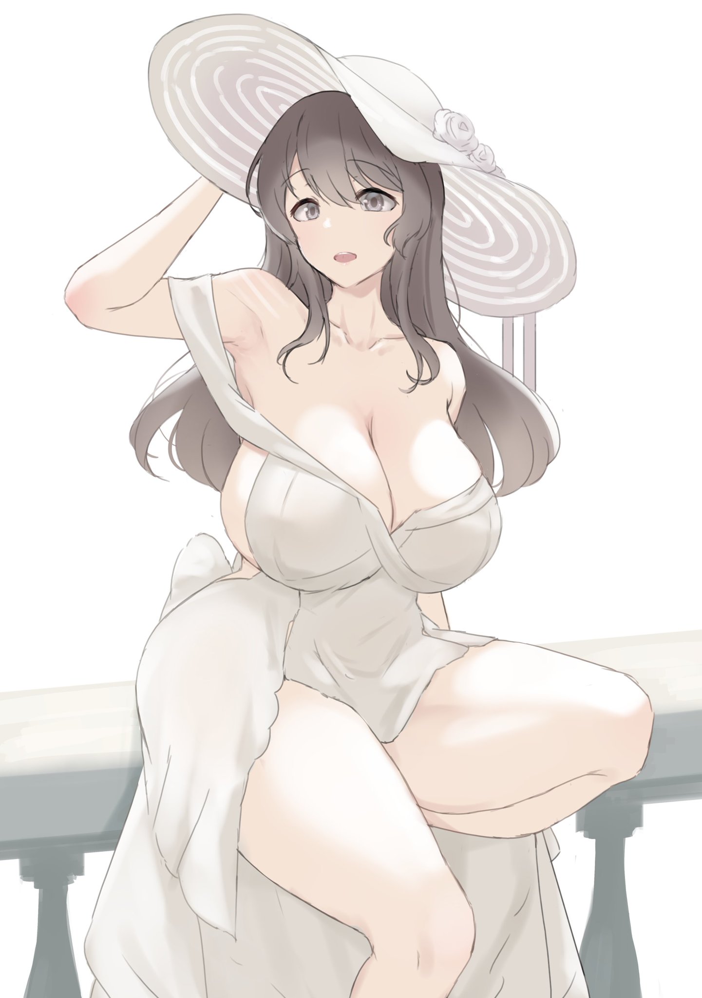 1girls, azur lane, bare shoulders, breasts, brown eyes, brown hair, charybdis (azur lane), cleavage, collarbone, dress, female, female only, hat, huge breasts, light skin, light-skinned female, noe (ppppriver), sideboob, solo, strapless dress, sun hat