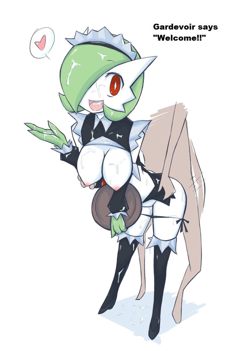 1boy 1boy1girl 1girls anthro big_breasts black_legwear black_panties black_thighhighs boots breasts clothes clothing cum cum_in_mouth cum_inside cum_on_breasts cum_on_face female from_behind gardevoir headdress heart high_heels human ikanomaru interspecies looking_at_viewer maid maid_uniform male male_human/female_pokemon nintendo nipples open_mouth panties panties_down penetration plate pokemon pokemon_(species) pokemon_rse pokemorph pokephilia red_eyes sex shirt shirt_lift simple_background standing straight text thighhighs translated vaginal_penetration video_games