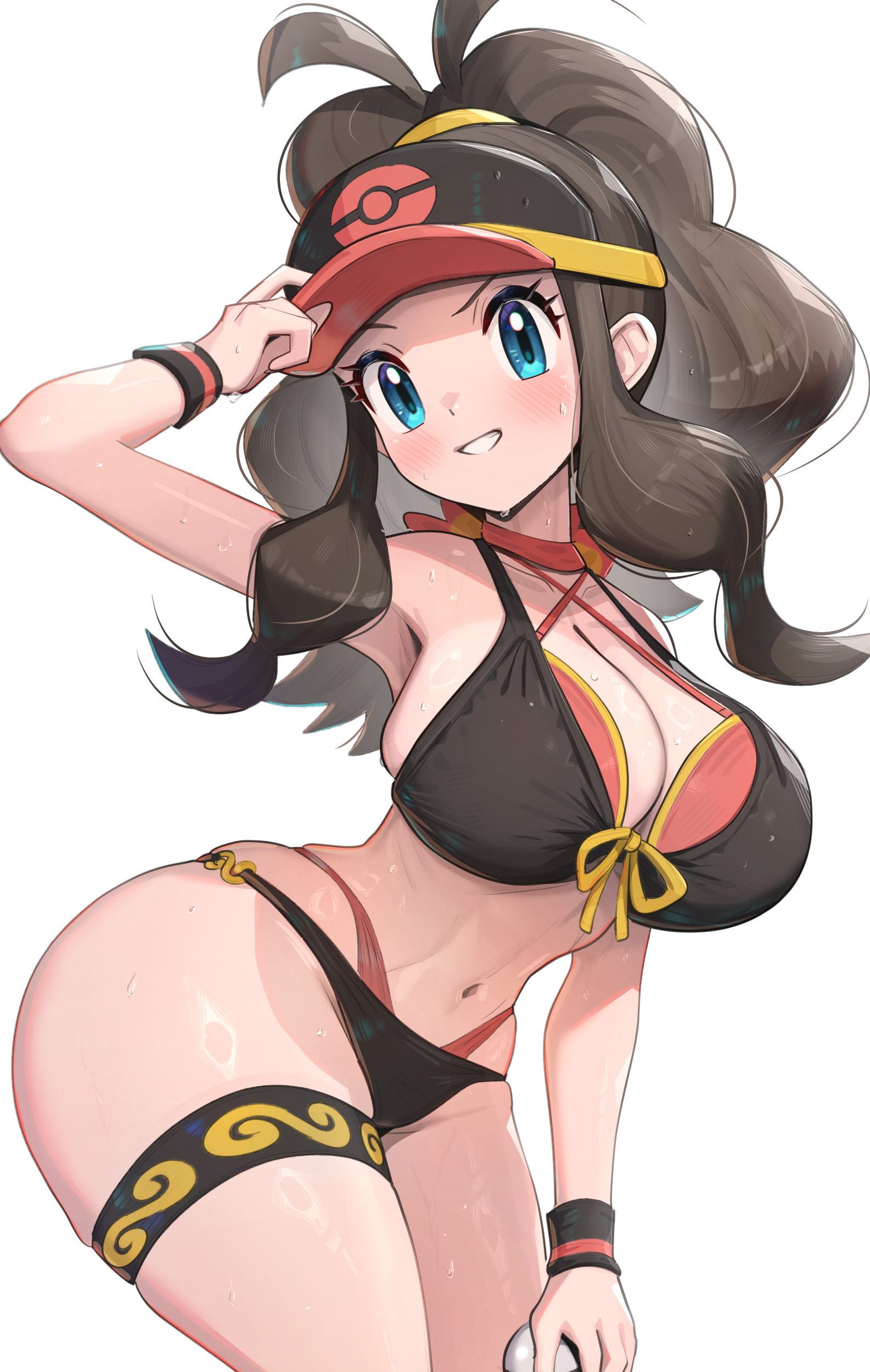 1girls, absurdres, alternate costume, bikini, blue eyes, breasts, brown hair, female, female only, game freak, gonzarez, highres, hilda (pokemon), large breasts, nintendo, pokemon, pokemon bw, simple background, solo, swimsuit, white background