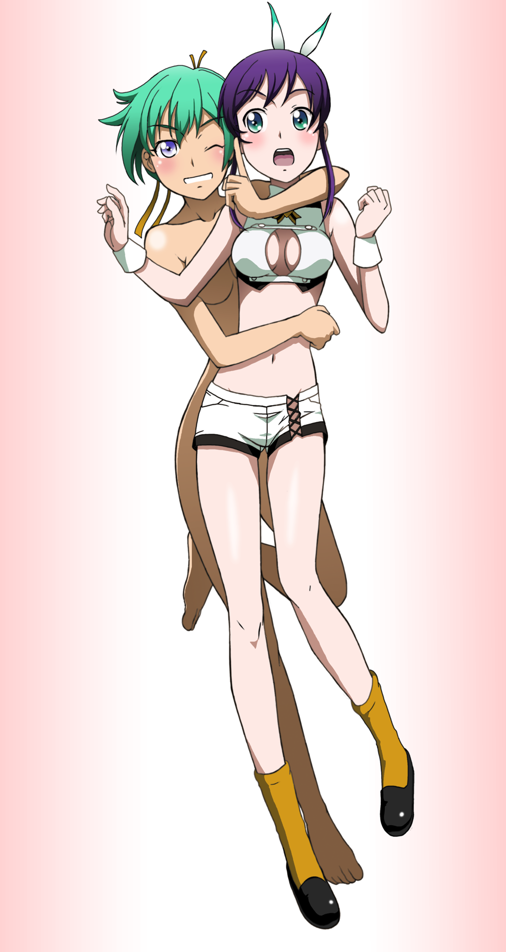 2girls alternate_costume aquarion_(series) aquarion_evol blush breasts cleavage cleavage_cutout cosplay green_hair highres hug kakkii large_breasts mikono_suzushiro multiple_girls nude short_shorts shorts wink zessica_wong zessica_wong_(cosplay)