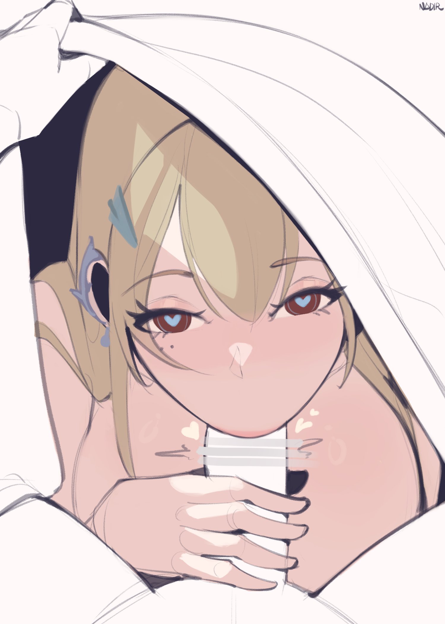 1boy, 1boy1girl, 1girls, big breasts, blonde eyebrows, blonde female, blonde hair, blonde hair female, blonde-haired female, blowjob, blowjob only, breasts, busty, busty female, dick in mouth, digital, digital art, digital drawing, digital drawing (artwork), digital media, digital media (artwork), eyebrows visible through hair, fellatio, fellatio reveal, female, female focus, fingernails, fingers, goddess of victory: nikke, hair between eyes, hair clip, hair clips, hair ornament, hair ornaments, hairclip, hairclips, hand on penis, handjob, handjob while sucking, heart eyes, heart-shaped pupils, high resolution, highres, large boobs, large breasts, lips, long hair, looking at viewer, male, mole, mole under eye, nadir, naked, naked female, naked woman, nude, nude female, nudity, penis, penis in mouth, plump breasts, pov blowjob, red eyes, red-eyed female, shoulders, straight, sucking, sucking penis, tia (nikke), under covers, under sheets, yellow eyebrows, yellow hair, yellow-haired female
