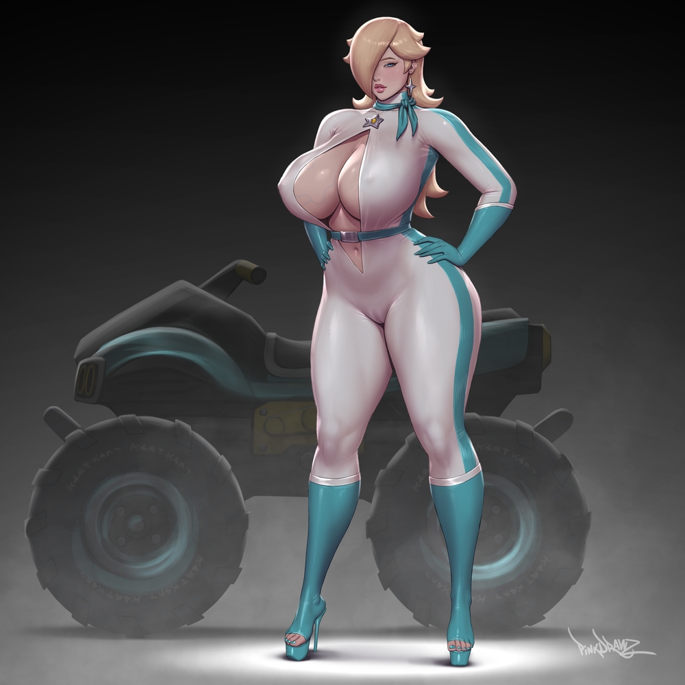 1girls, bimbo, breasts, cleavage, female, female only, huge breasts, mario (series), pinkdrawz, princess rosalina, pussy, standing, voluptuous