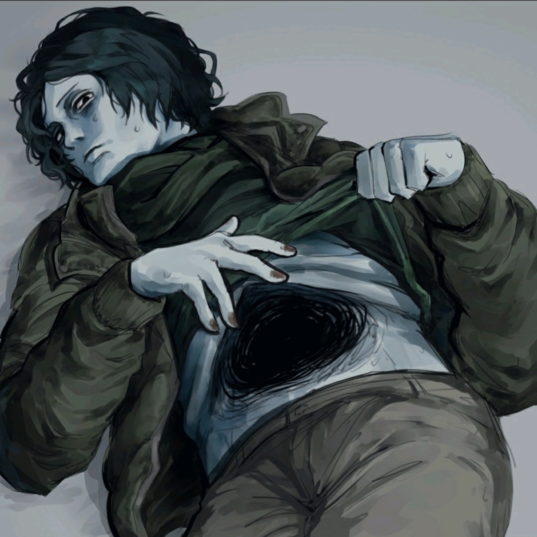 belly, black hair, blue skin, clothed, coat guy (no, i'm not a human), cold, lifting shirt, male, male only, no, i'm not a human, presenting, short hair, sweater, sweater lift, tagme, unamused
