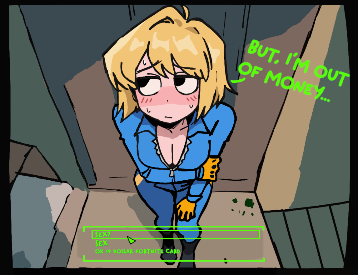 1girls, 2025, 2d, 2d (artwork), big breasts, black border, black eyes, blonde hair, breasts, cleavage, dialogue options, embarrassed, embarrassed female, fallout, female, female only, gameplay mechanics, human, human only, imminent sex, kellylos2, looking away, questionable, short hair, shy, shy female, solo, solo female, talking to viewer, vault girl, vault suit