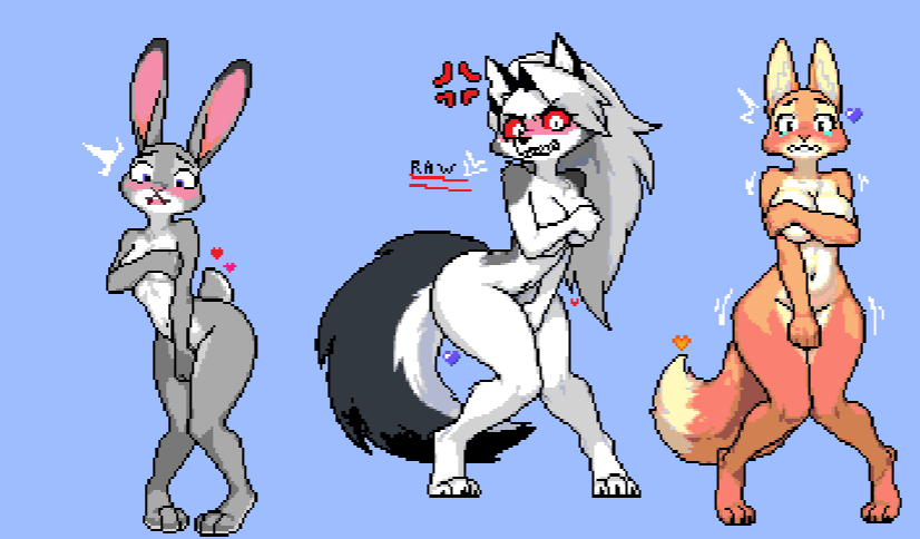 3girls, angry, anthro, big ass, big breasts, blush, blushing at viewer, breasts, bunny girl, covering breasts, covering crotch, crying, crying with eyes open, diane foxington, embarrassed, embarrassed nude female, enf, female, fox girl, fully nude, heart, helluva boss, judy hopps, legs together, long tail, loona (helluva boss), pixel art, shaking, shocked, tail, tail tuft, the bad guys, wolf girl, wplace, wplace (artwork), zootopia