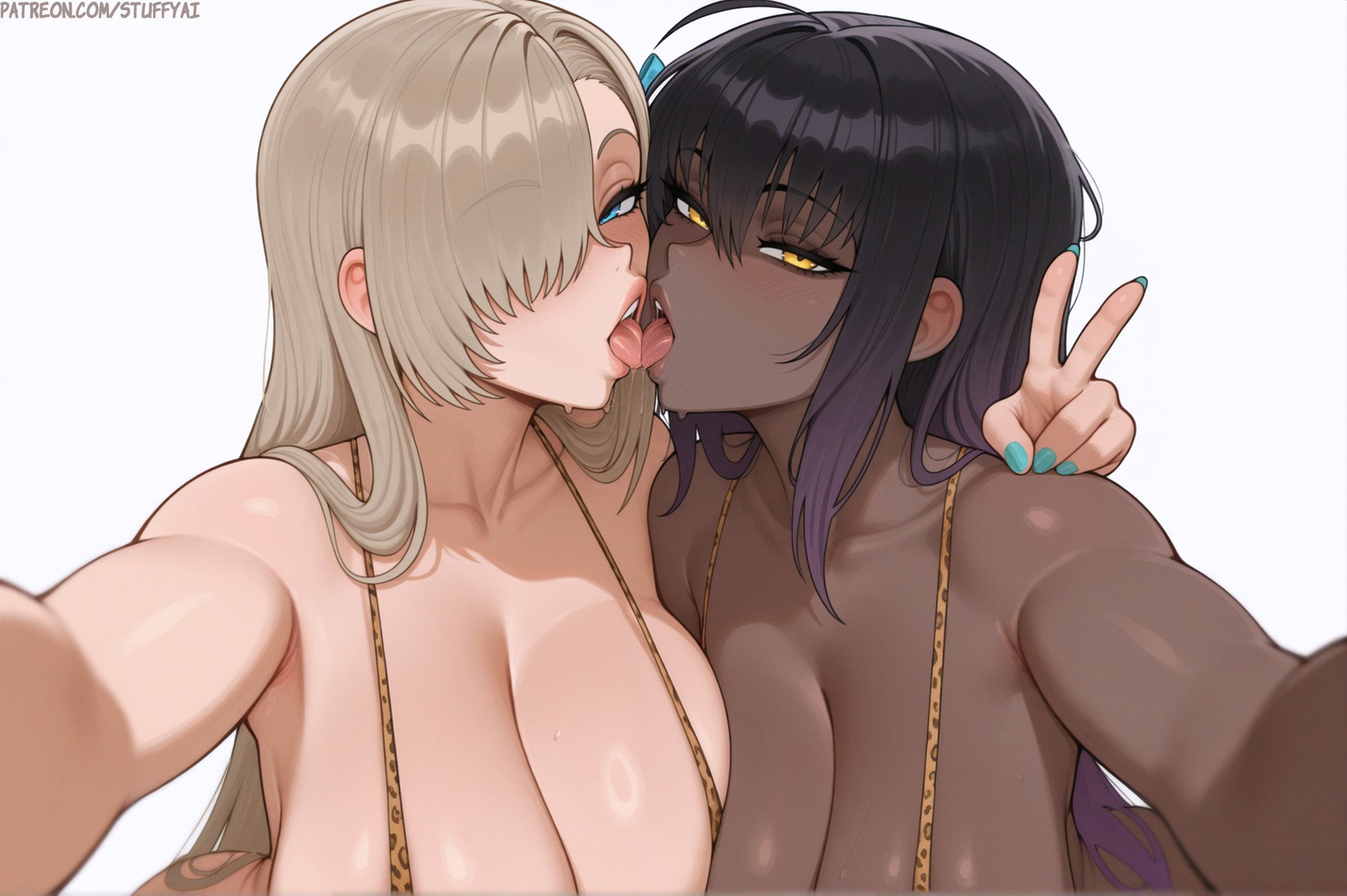 2girls, ai generated, animal print, animal print bikini, asuna (blue archive), bikini, black hair, black-haired female, blonde female, blonde hair, blue archive, blue eyes, blue nails, breast press, breasts, brown skin, chocolate and vanilla, cleavage, dark skin, dark-skinned female, female, female only, hair over one eye, hi res, huge breasts, karin (blue archive), kissing, large breasts, leopard print, leopard print bikini, light skin, light-skinned female, long hair, long-haired female, looking at viewer, nail polish, peace sign, purple hair, sling bikini, stuffyai, tongue, tongue kiss, top heavy, two tone hair, two-tone hair, upper body, yellow eyes, yuri