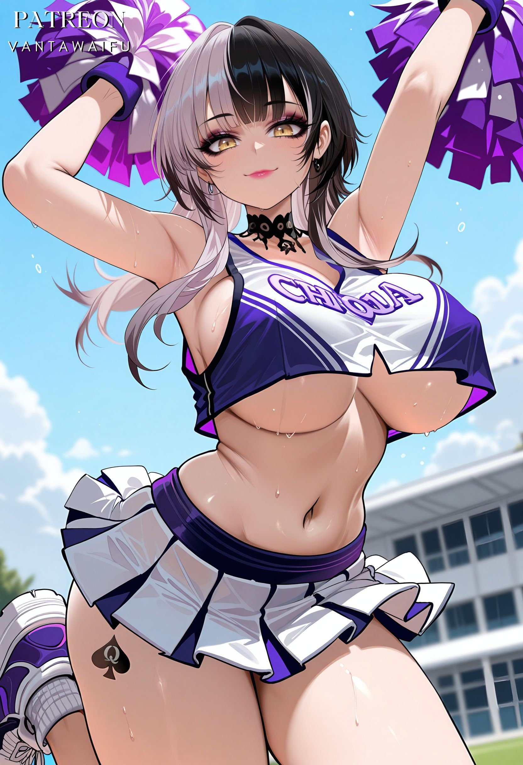 ai, ai generated, alternate costume, armpits, arms up, bangs, black choker, black hair, blue sky, blush, breasts, cheerleader, choker, closed mouth, clothing, covered nipples, crop top, crop top overhang, day, earrings, female, frilled choker, grey hair, holding, holding pom poms, hololive, hololive english, hololive english -advent-, jewelry, lace choker, lace-trimmed choker, large breasts, long hair, looking at viewer, makeup, midriff, miniskirt, multicolored hair, navel, netorare, no bra, ntr, outdoors, pleated skirt, pom pom (cheerleading), pom poms, queen of spades, shiori ch., shiori novella, shoes, sideboob, skirt, sky, smile, sneakers, socks, solo, split-color hair, stomach, sweat, tattoo, thighs, two-tone hair, underboob, vantawaifu, virtual youtuber, white hair, white skirt, white socks, yellow eyes