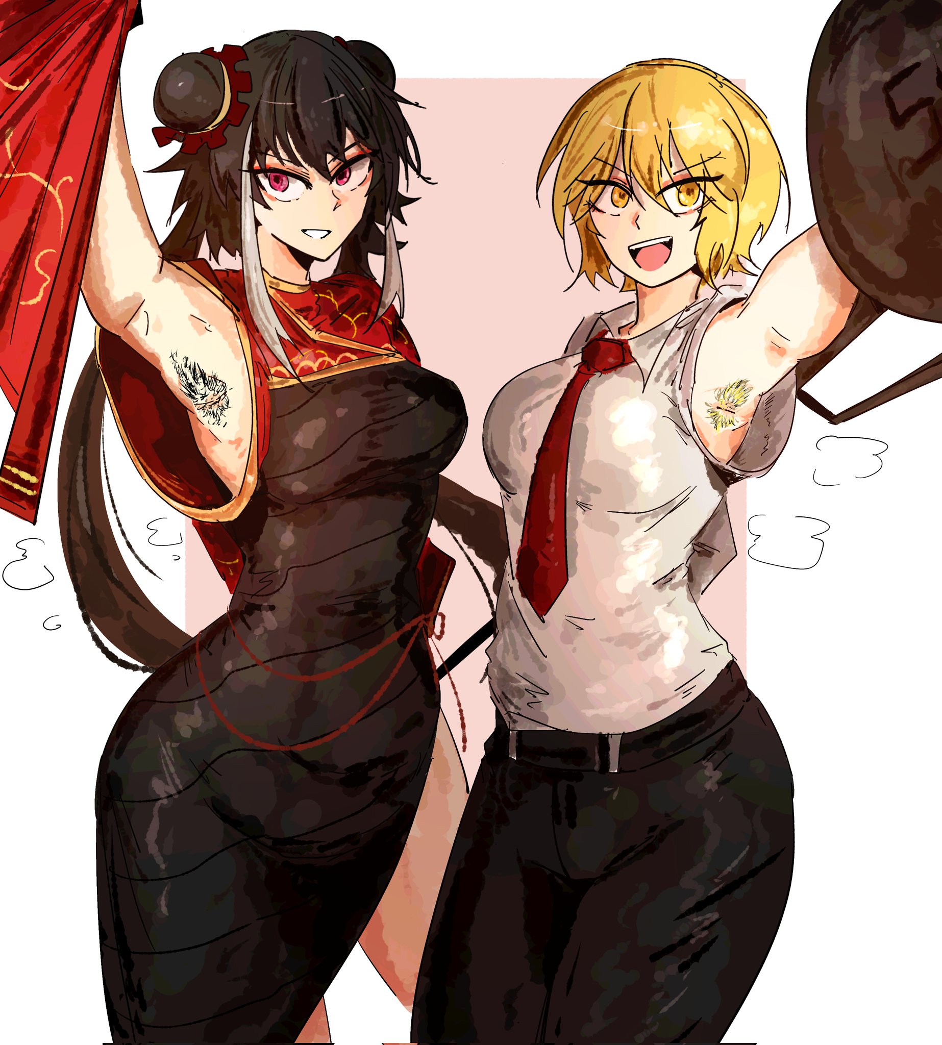 2girls, arczaeon, armpit hair, armpits, black hair, blonde hair, don quixote (limbus company), female, female only, fully clothed, hairy armpits, human, jia xichun (limbus company), limbus company, medium breasts, project moon, standing