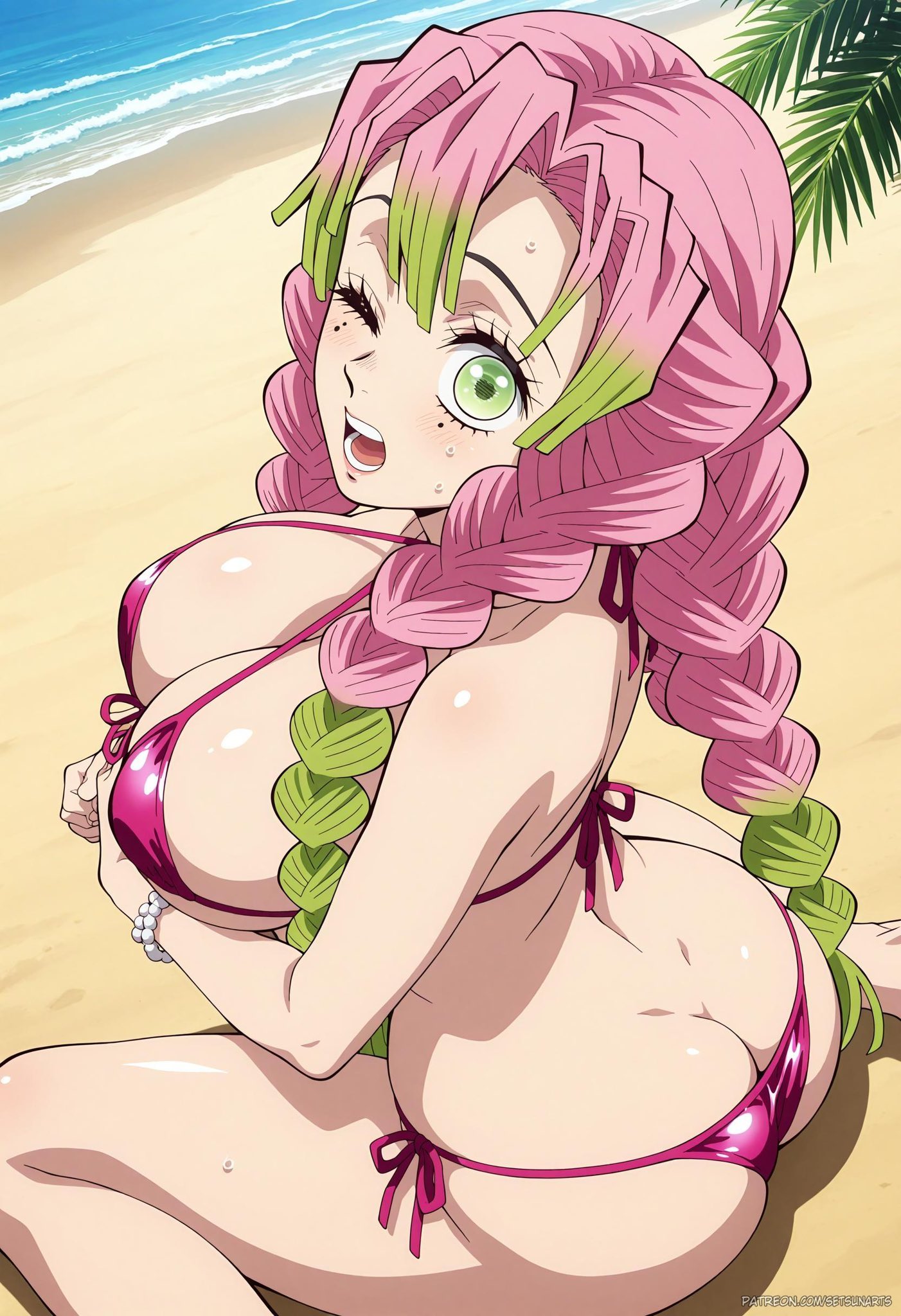 ai generated, beach, big breasts, bikini, breasts, demon slayer, female, female only, kimetsu no yaiba, mitsuri kanroji