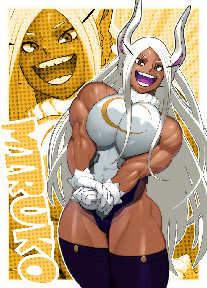 big breasts, big thighs, black eyelashes, breasts, brown eyes, bunny ears, dark skin, female, flexing, flexing arms, flexing bicep, flexing muscles, large breasts, large tits, leotard, long eyelashes, long lashes, miruko, moririn, muscles, muscular, muscular female, my hero academia, open, open mouth, rabbit ears, rumi usagiyama, smile, smiling, smiling at viewer, stockings, strong female, strong woman, teeth, teeth showing, teeth visible, thick thighs, thighhighs, turtleneck, upper body, upper body visible, white clothing, white eyebrows, white hair, wide, yellow background, yellow text