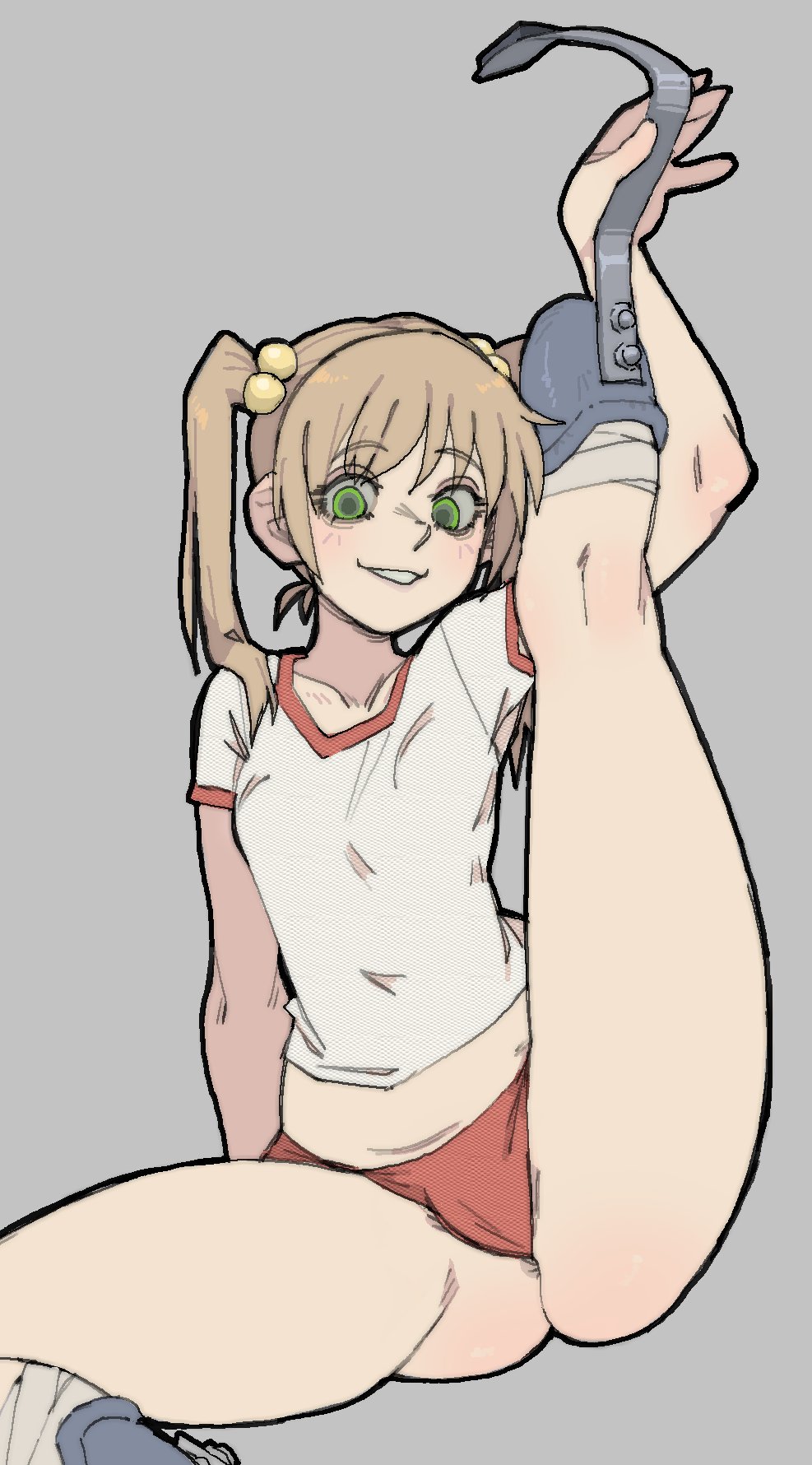 1girls, amlogamer, anus peek, ass hanging out, ass hanging out of shorts, blonde hair, cameltoe, collarbone, female, female only, green eyes, grin, ibarazaki emi, katawa shoujo, kneepits, legs, light skin, light-skinned female, looking at viewer, nipple bulge, nose, one leg up, posing, posing for the viewer, prosthesis, prosthetic legs, red shorts, running blade, shorts, smile, smirk, smug, solo, t-shirt, thighs, twintails, waist