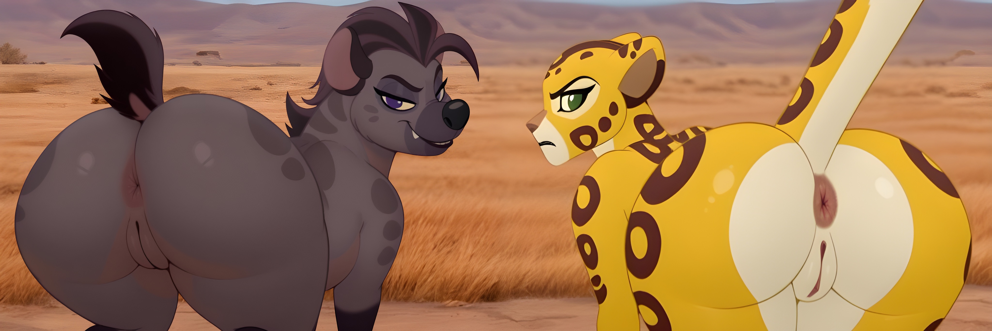 ai generated, anus, ass focus, big ass, big ass (female), big booty, big butt, butt, butt focus, cheetah, disney, female, female/female, feral, fuli, fuli (the lion guard), fuli (tlg), furryainudes, hyena, jasiri, jasiri (the lion guard), jasiri (tlg), pussy, the lion guard, the lion king