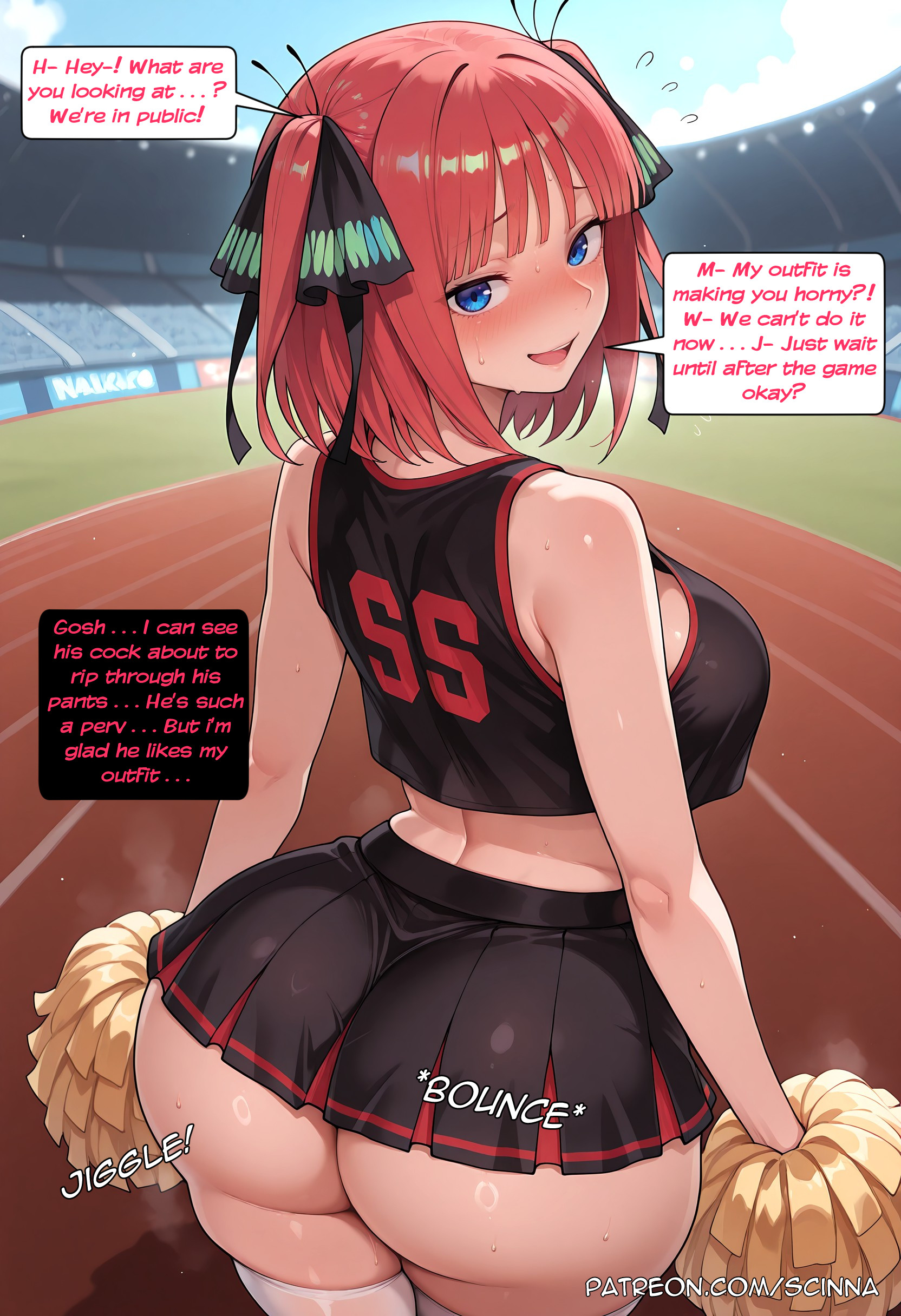 ai generated, ass, back, bangs, bare shoulders, blue eyes, blunt bangs, blush, breasts, cheerleader, curvaceous, curvaceous body, curvy, curvy body, curvy female, english text, female, go-toubun no hanayome, hair ornament, hair ribbon, large breasts, looking at viewer, nakano nino, pleated skirt, pom poms, ribbon, scinna, self upload, shirt, skirt, sleeveless, sleeveless shirt, speech bubble, stable diffusion, sweat, thighhighs