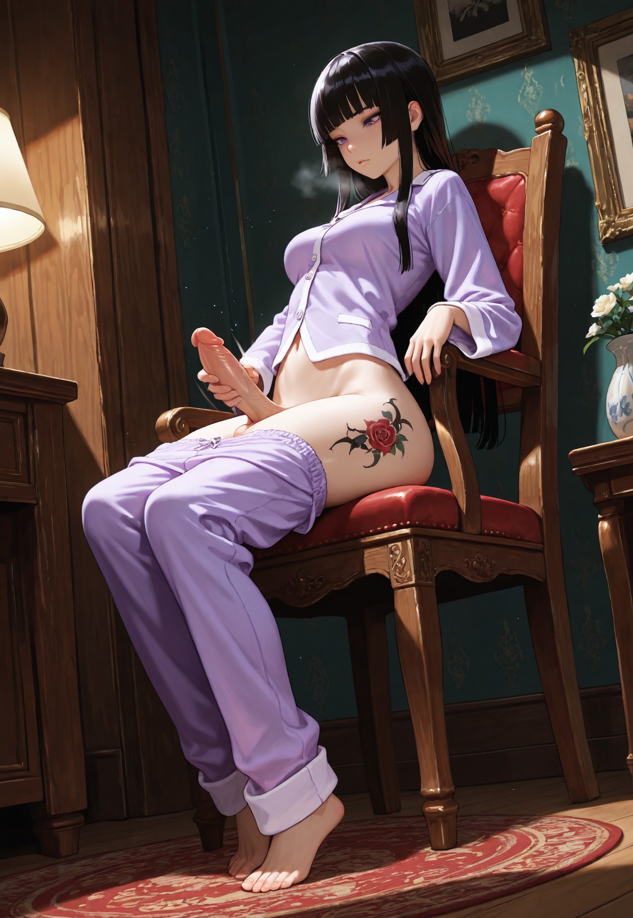 1futa, ai generated, balls, big penis, black hair, breasts, erection, female, from side, futanari, goth, goth futa, goth girl, goth girl (jamesbron), hand on penis, hime cut, intersex, jamesbron, large penis, long hair, looking away, masturbation, medium breasts, no panties, pajamas, pants down, pants pull, penis, penis grab, penis in hand, purple eyes, sitting, solo, solo futa, tattoo, thighs