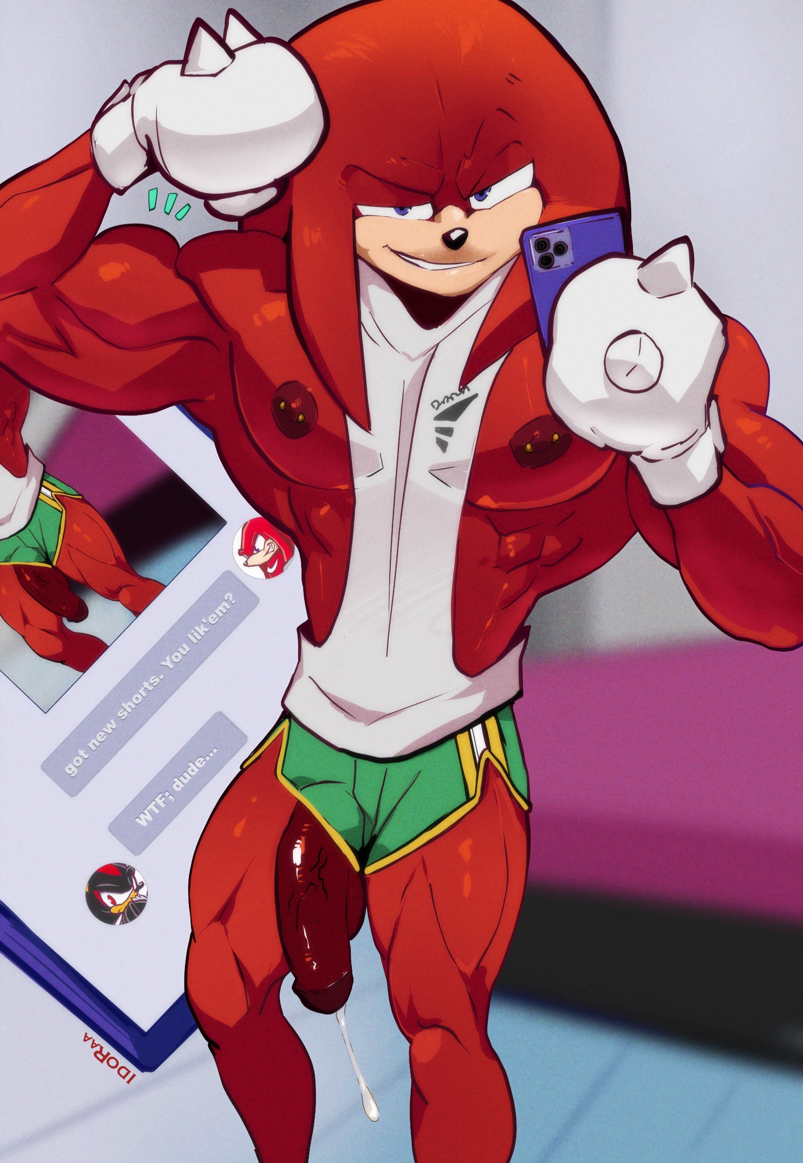 2025, anthro, areola, artist name, athletic wear, balls, barbell piercing, biceps, big muscles, biped, black nose, blue eyes, bodily fluids, bottomwear, cellphone, clothed, clothed anthro, clothed male, clothing, deltoids, echidna, electronics, flexing, flexing bicep, fur, gay, gay male, genital fluids, genitals, gloves, green bottomwear, green clothing, green shorts, gym bottomwear, gym shorts, half-closed eyes, half-erect, handwear, hi res, holding cellphone, holding object, holding phone, holding smartphone, humanoid genitalia, humanoid penis, idoraad, knuckles the echidna, lilprincyvi, looking at viewer, male, male anthro, mammal, monotreme, multicolored body, multicolored bottomwear, multicolored clothing, multicolored shorts, muscles, muscular, muscular anthro, muscular male, narrowed eyes, nipple barbell, nipple piercing, nipples, obliques, pecs, penis, penis poking out, phone, piercing, precum, pupils, quads, red areola, red balls, red body, red fur, red nipples, red penis, sega, selfie, sexting, shadow the hedgehog, shirt, shorts, smartphone, smile, smirk, solo, sonic (series), sonic the hedgehog (series), standing, tan body, tank top, teeth, text, texting, top heavy, topwear, two tone body, vein, veiny penis, white bottomwear, white clothing, white gloves, white handwear, white shirt, white shorts, white tank top, white topwear, yaoi, yellow bottomwear, yellow clothing, yellow shorts
