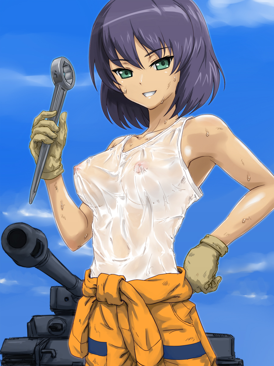 breasts female girls_und_panzer gloves green_eyes hand_on_hip hoshino_(girls_und_panzer) jumpsuit looking_at_viewer military military_vehicle nipples overalls rasukaru see-through smile standing sweat sweatdrop tank tank_top tied_shirt tools vehicle wet wet_clothes wet_shirt wrench