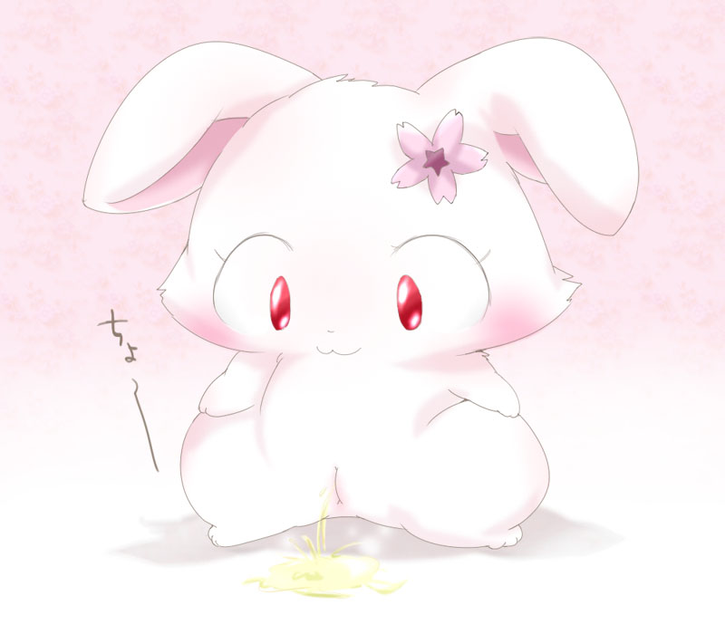 1girls chibi cute female female_only feral flower fur golden_shower hair_flower happy japanese_text jewelpet jewelpet_(species) lagomorph looking_down peeing pussy rabbit red_eyes ruby_(jewelpet) sanrio simple_background smile solo standing suvaru tagme urine watersports