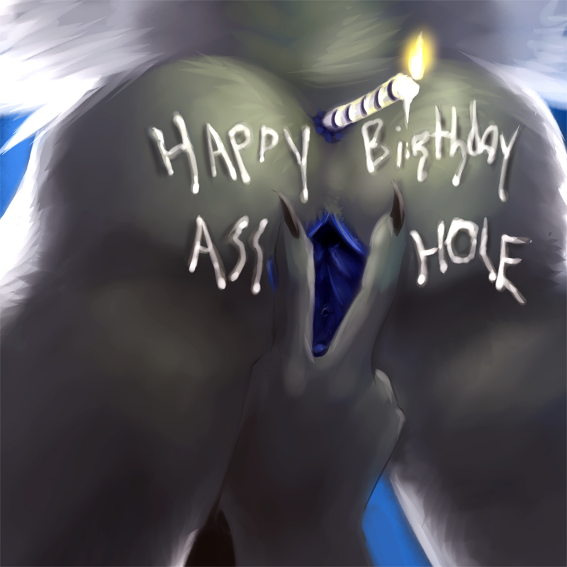 anal_insertion anus blue_pussy burning_candle candle candle_insertion english_text female grey_fur happy_birthday missoro pussy spread_pussy striped_candle text unknown_species