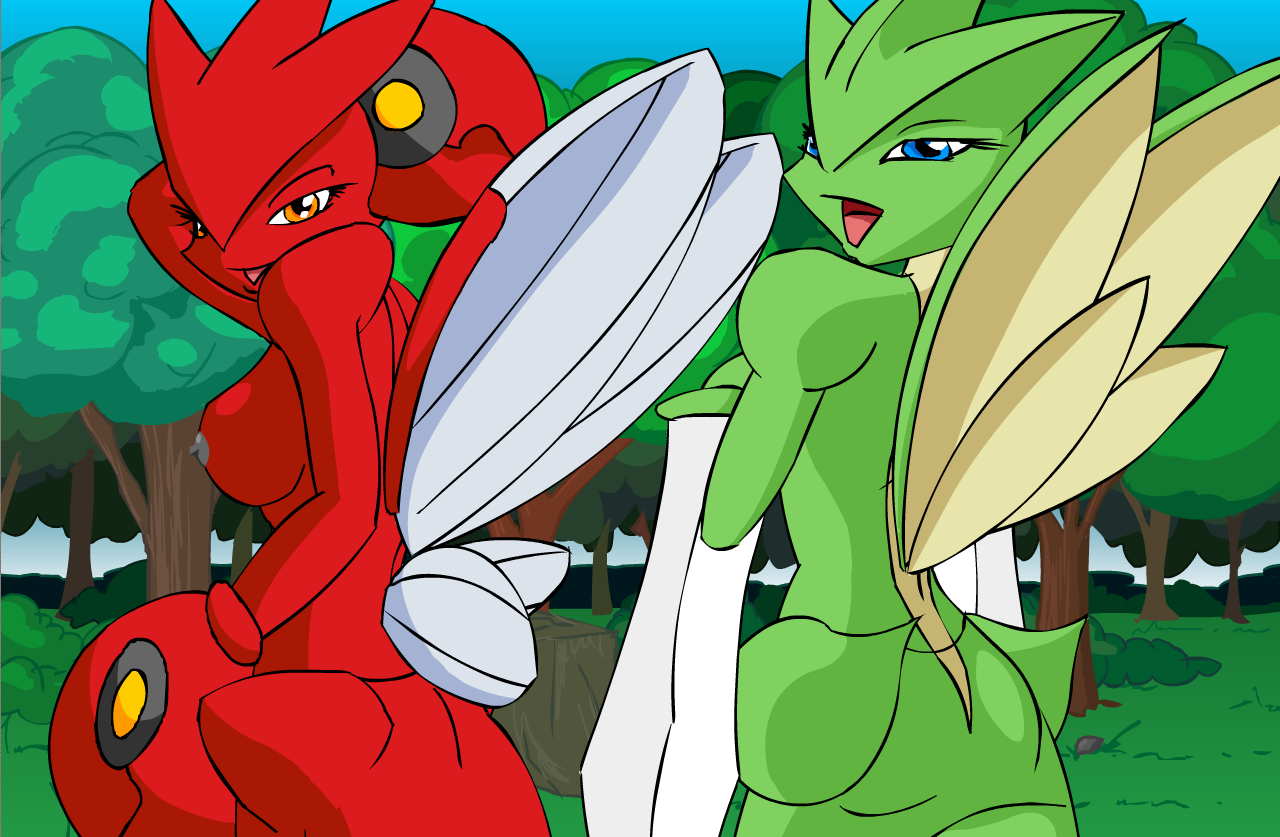 blue_eyes breasts color duo female female_only multiple_females multiple_girls nintendo open_mouth pokemon pokemon_snap_xxx scizor scyther tree uncensored