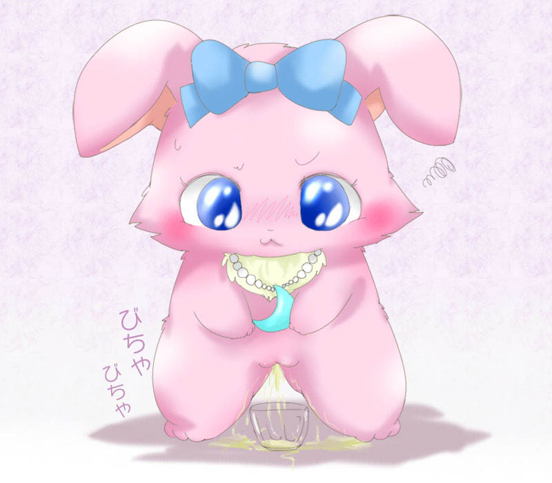 1girls anthro blue_eyes blush chibi cute female female_only fur furry japanese_text jewelpet jewelpet_(species) lagomorph looking_down luna_(jewelpet) necklace peeing pussy rabbit ribbons sanrio simple_background solo standing suvaru tagme text urine